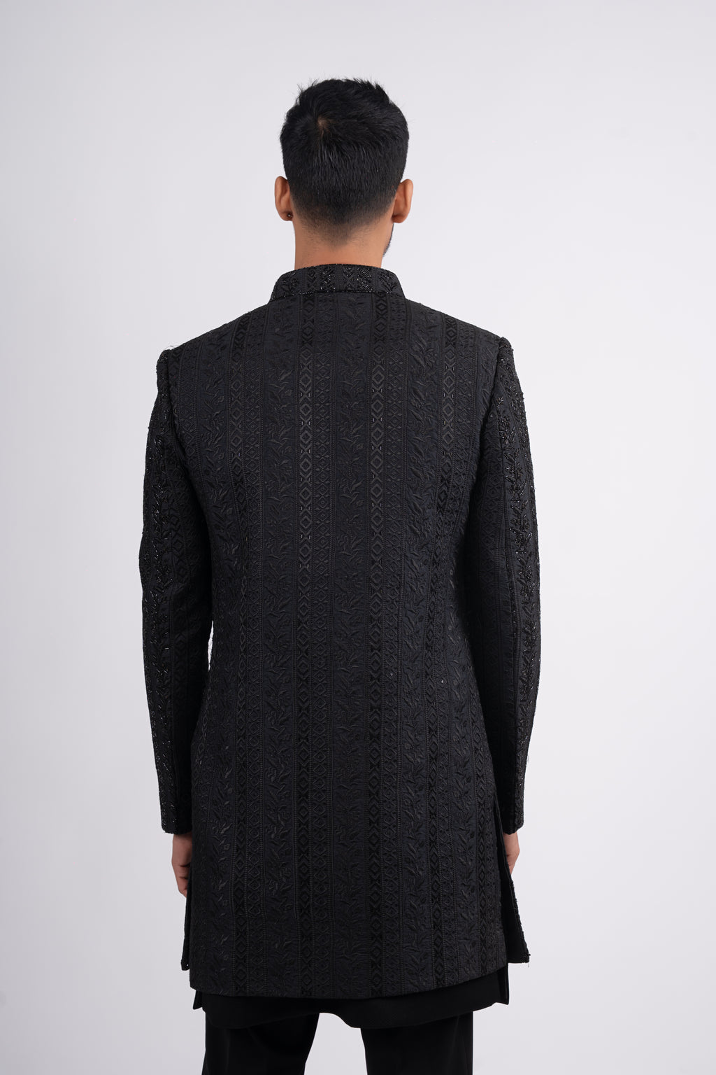 Black Silk Stone Embroidered Open Jacket Indo Western
