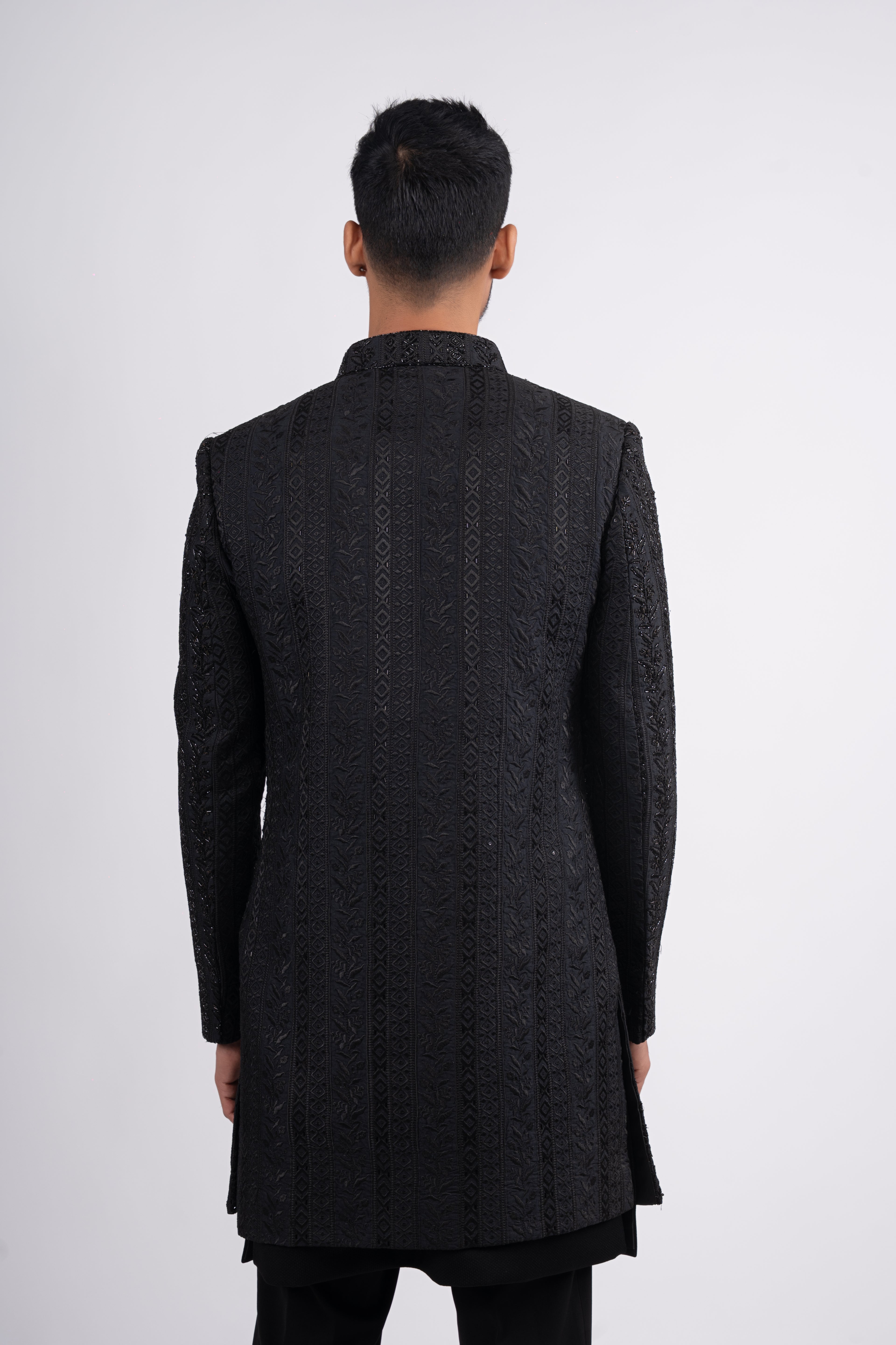 Black Silk Stone Embroidered Open Jacket Indo Western