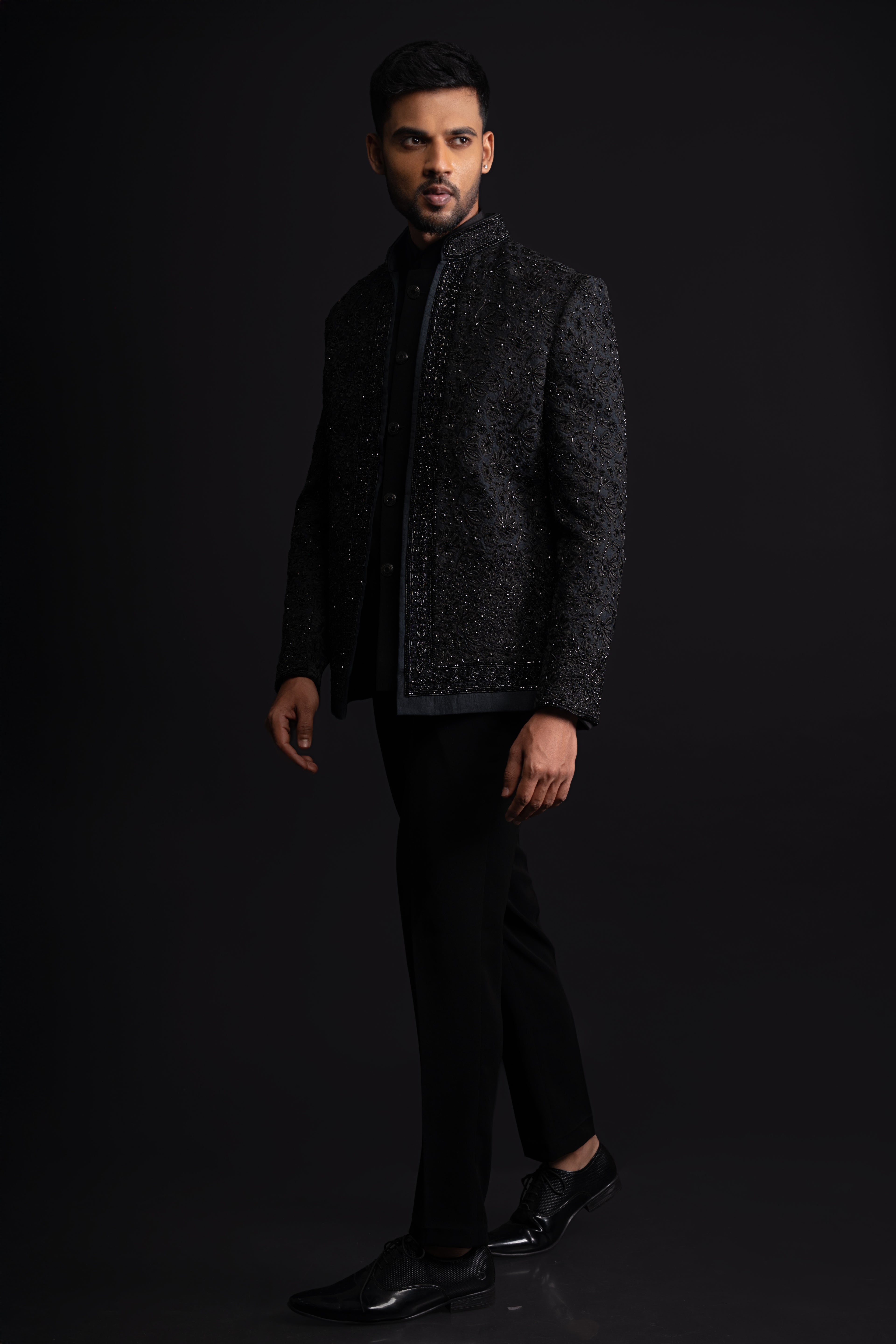 Black Silk Thread & Stone Cocktail Jodhpuri Set