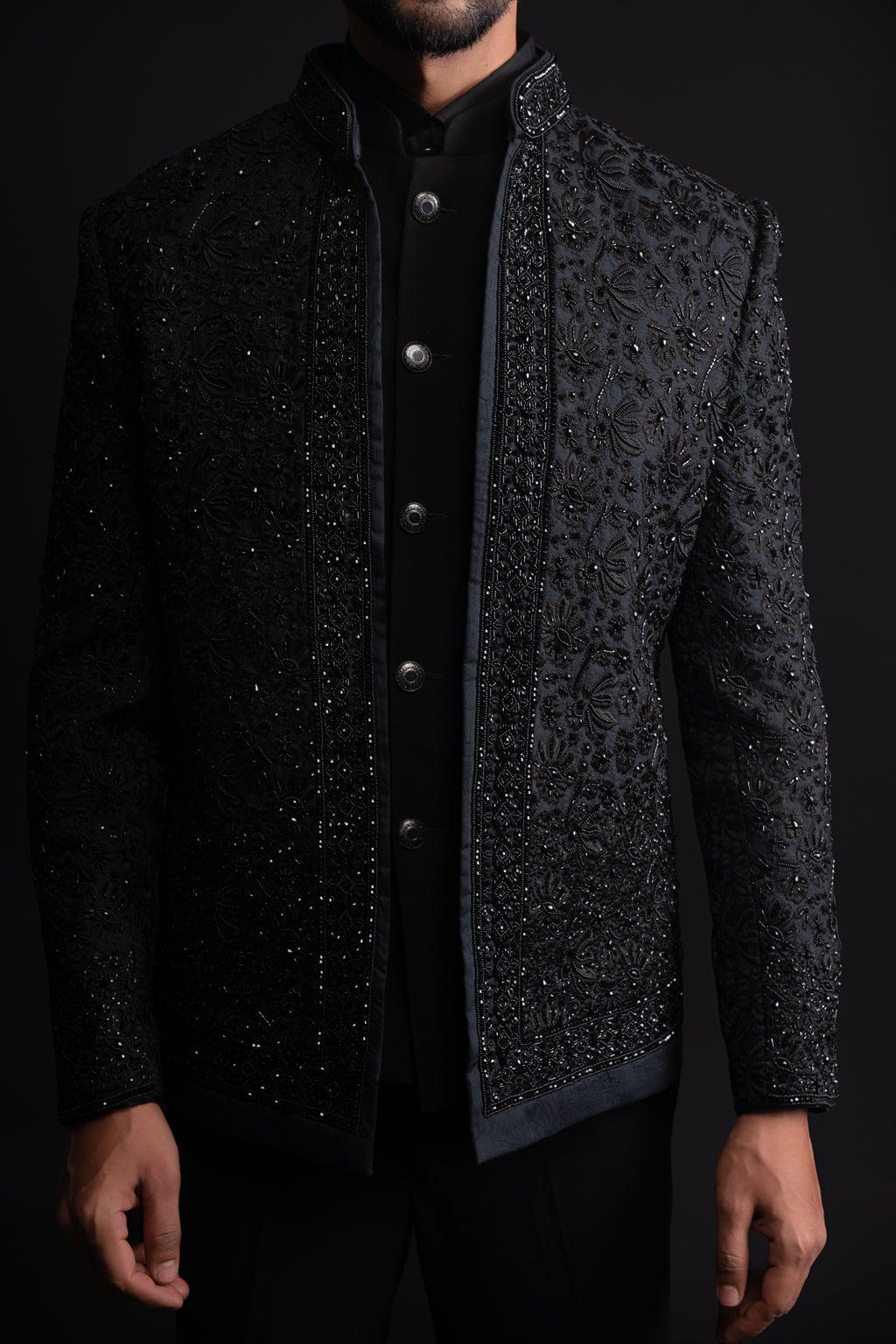 Black Silk Thread & Stone Cocktail Jodhpuri Set