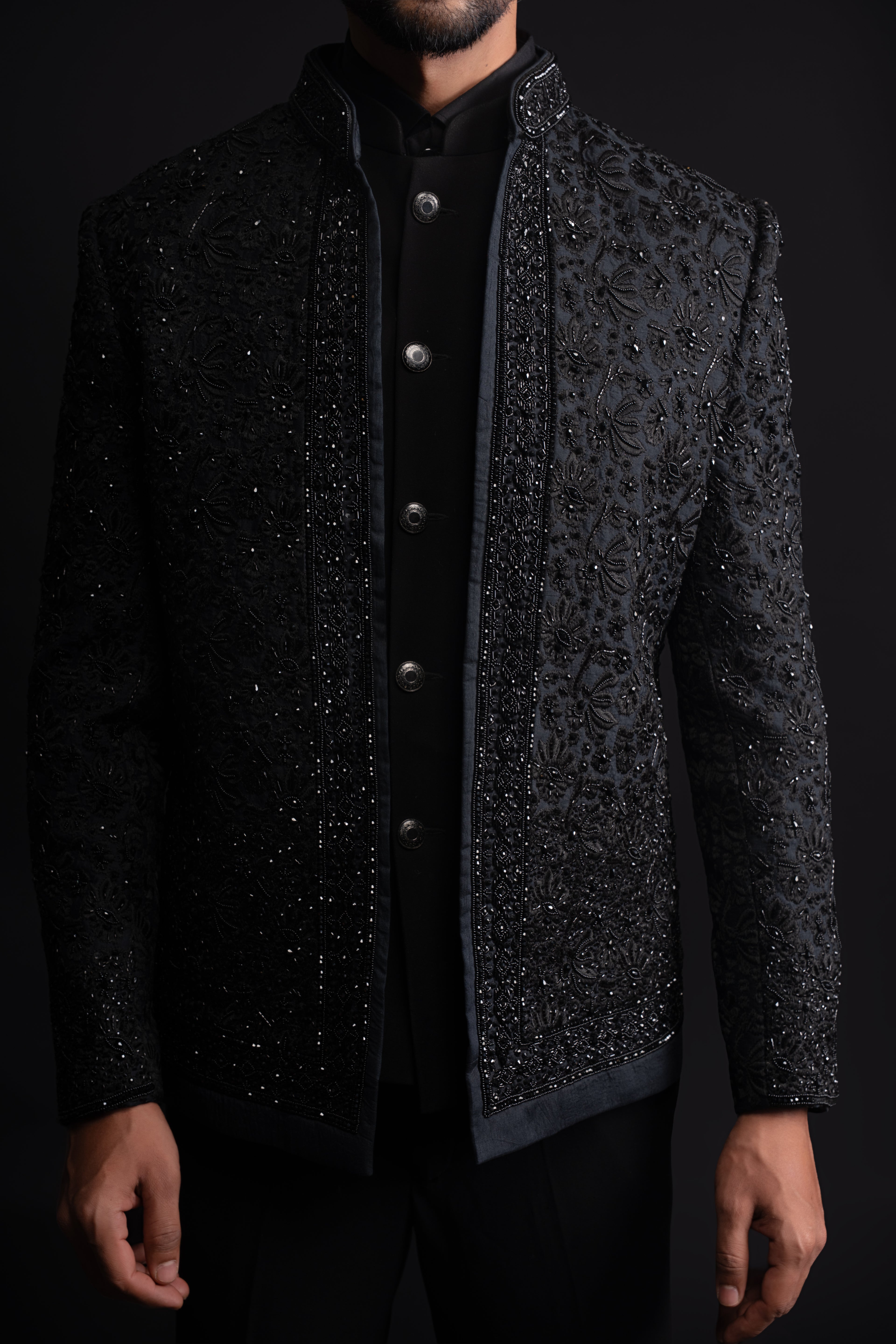 Black Silk Thread & Stone Cocktail Jodhpuri Set