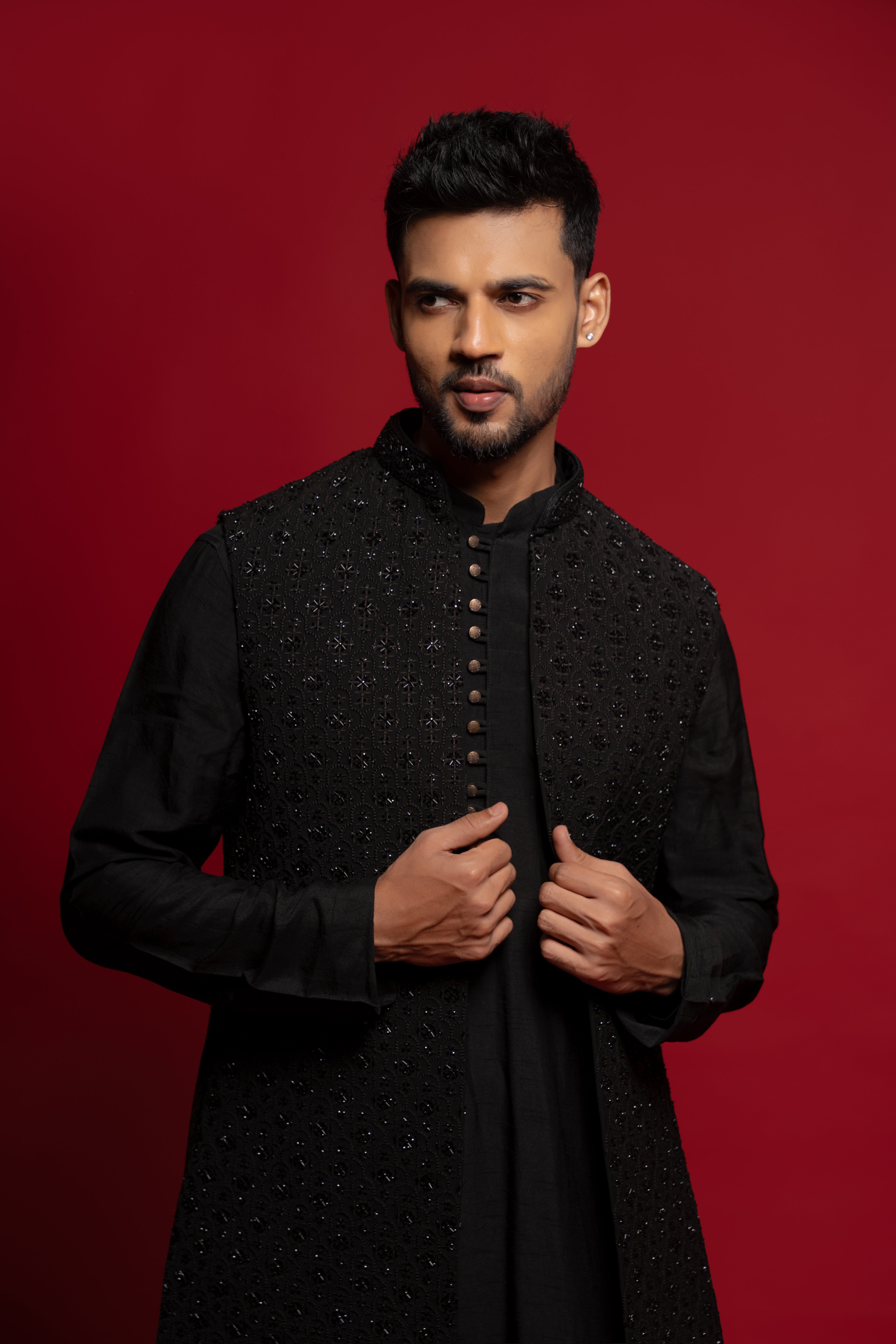 Blue Silk Embroidered Open Jacket Set