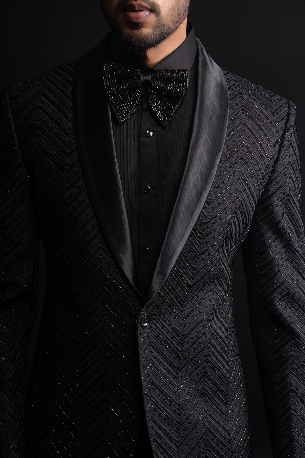 Black Tuxedo Embroidery With Cut Dana Work