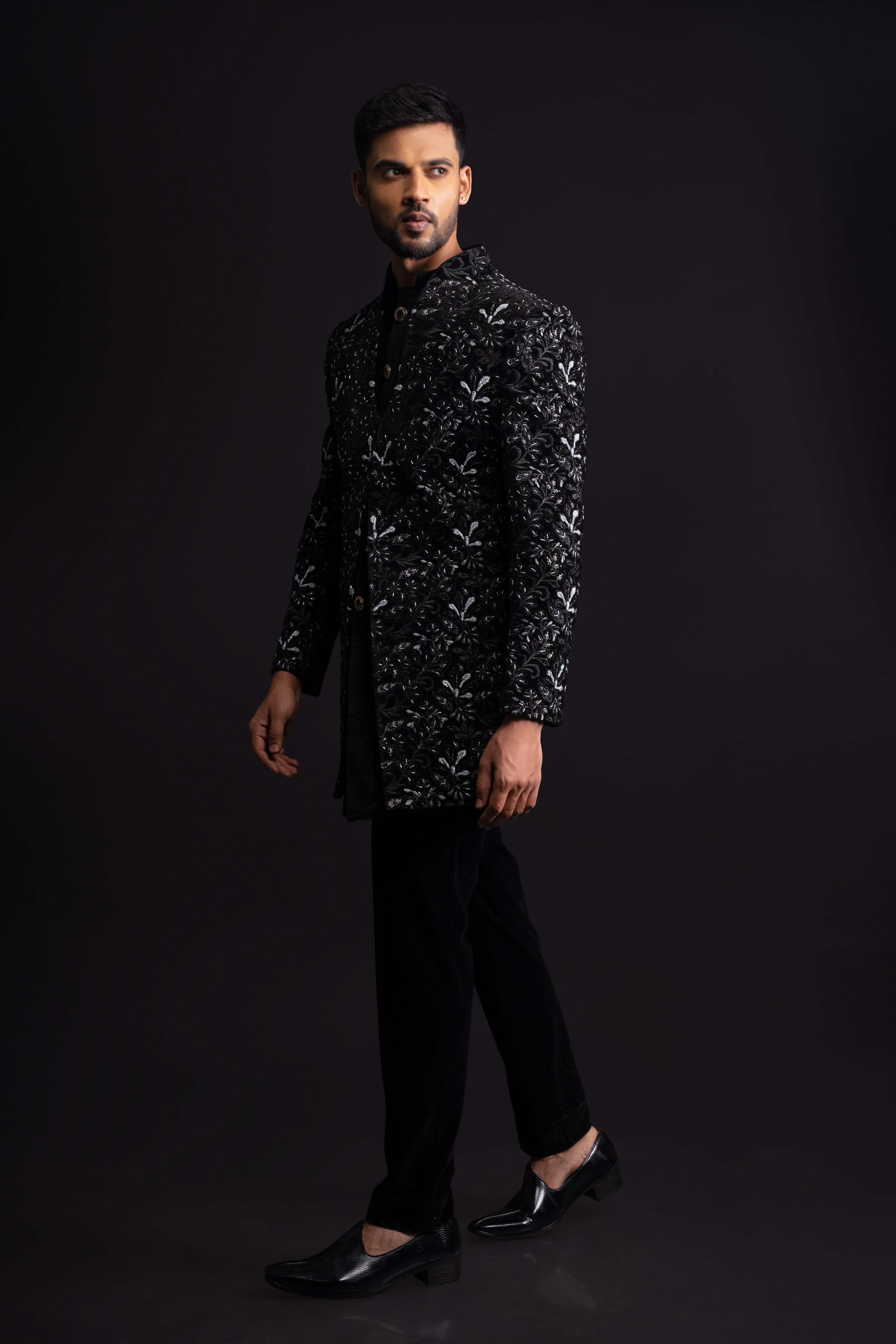 Black Velvet Thread & Stone Embroidered Indo Western for Men