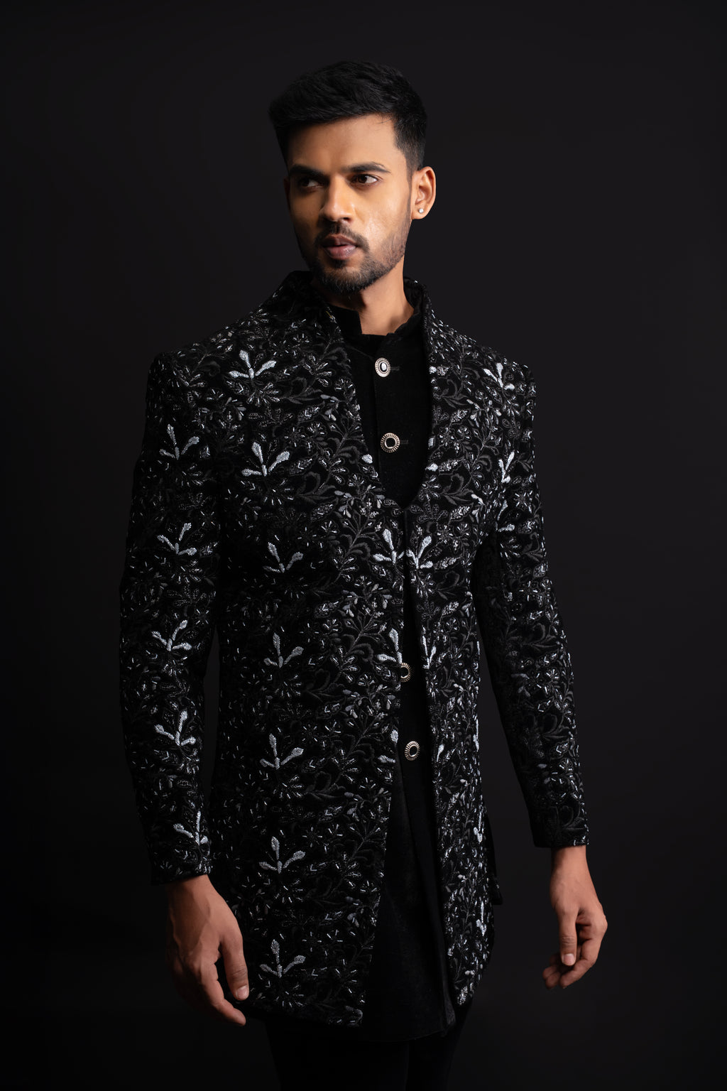 Black Velvet Thread & Stone Embroidered Indo Western for Men