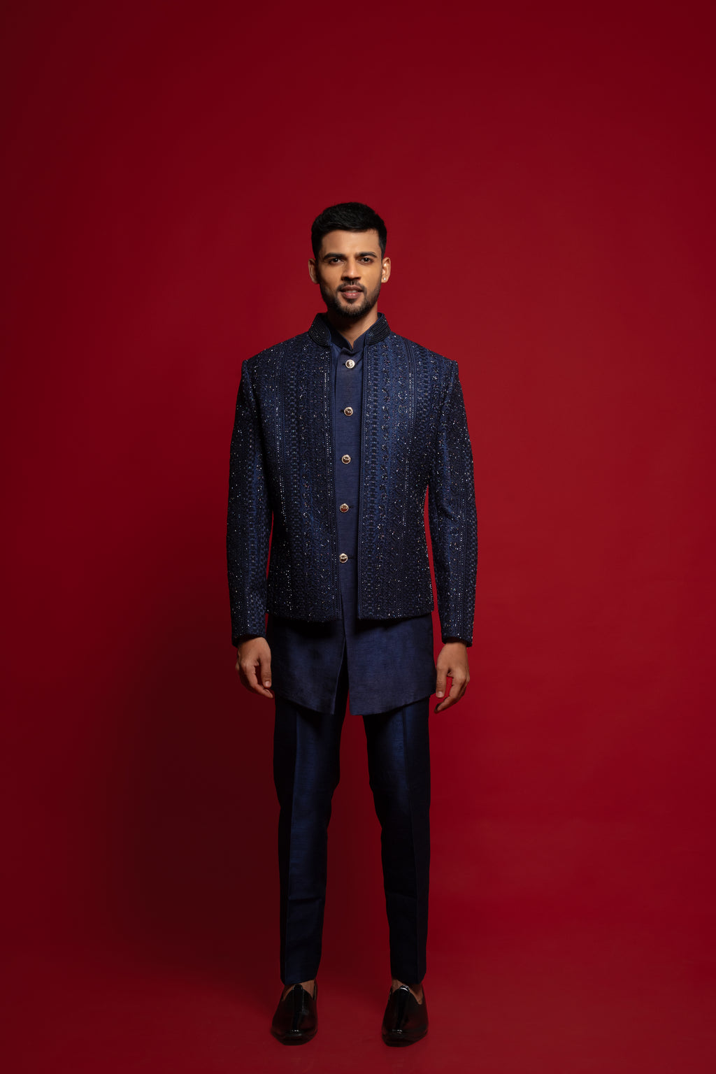 Blue Silk Embroidered Open Jacket Set
