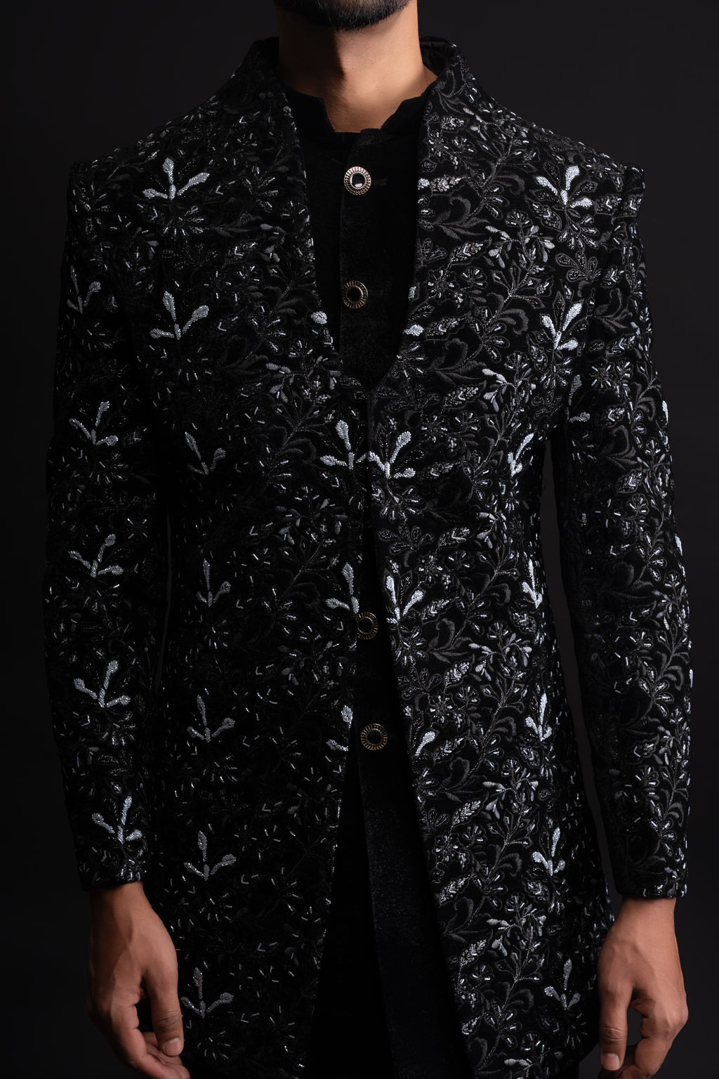 Black Velvet Thread & Stone Embroidered Indo Western for Men