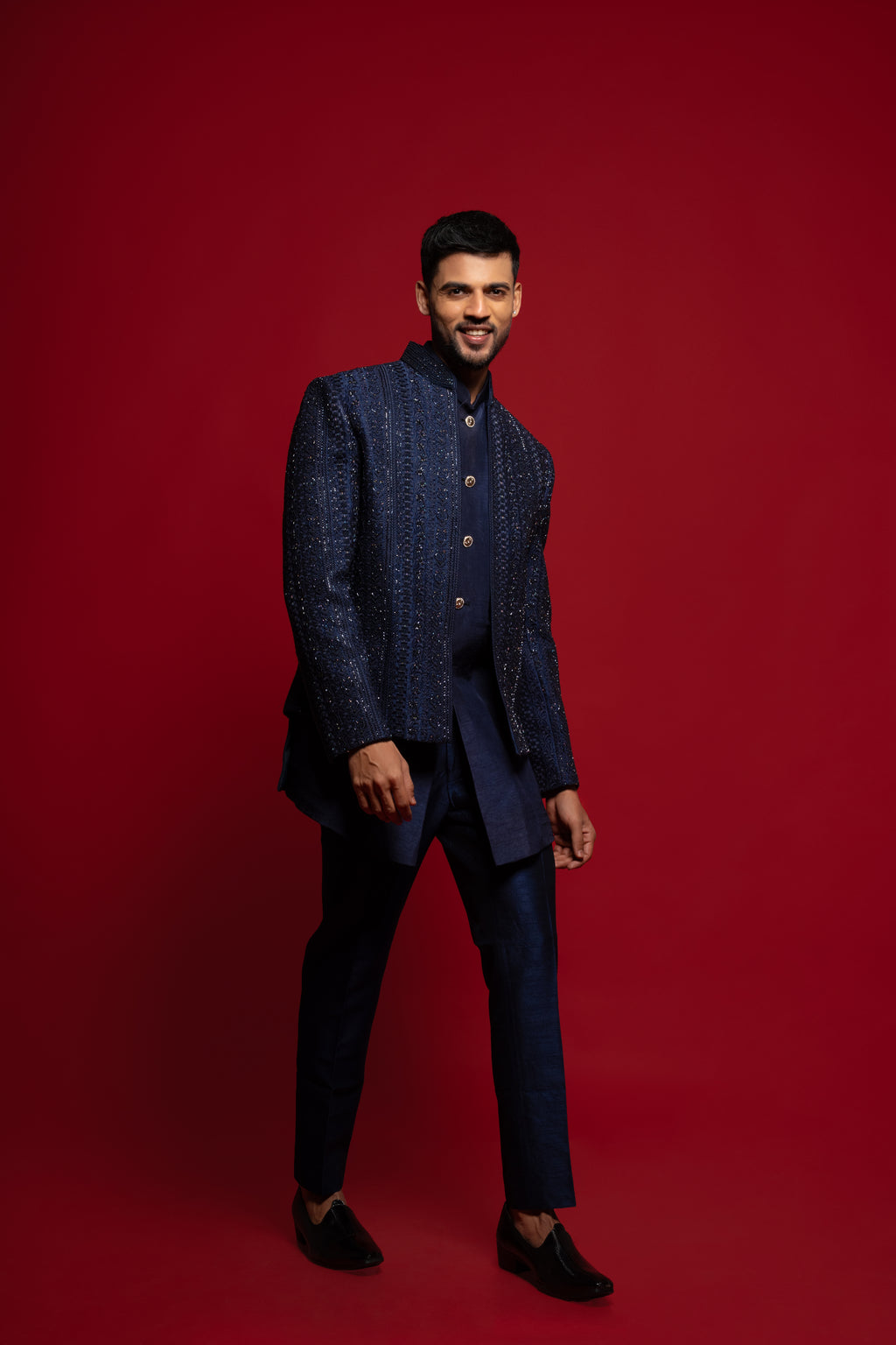 Blue Silk Embroidered Open Jacket Set