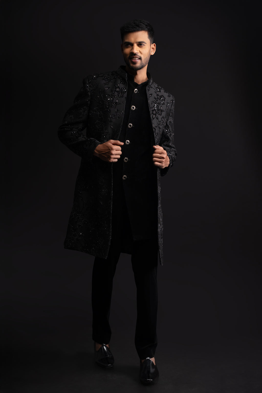 Black Velvet Thread & Stone Embroidered Indo Western for Men