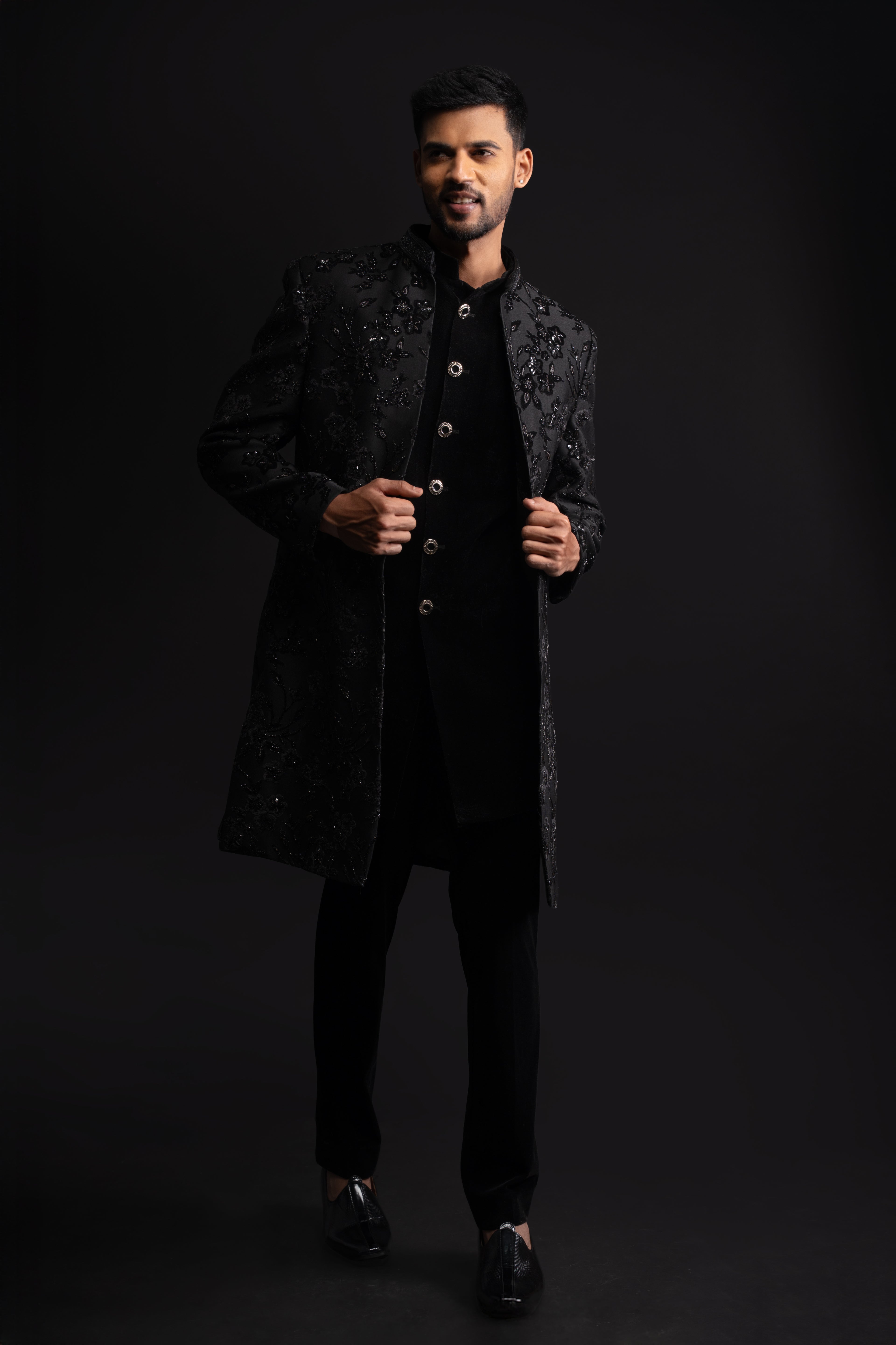 Black Velvet Thread & Stone Embroidered Indo Western for Men