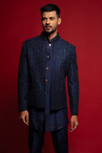 Blue Silk Embroidered Open Jacket Set