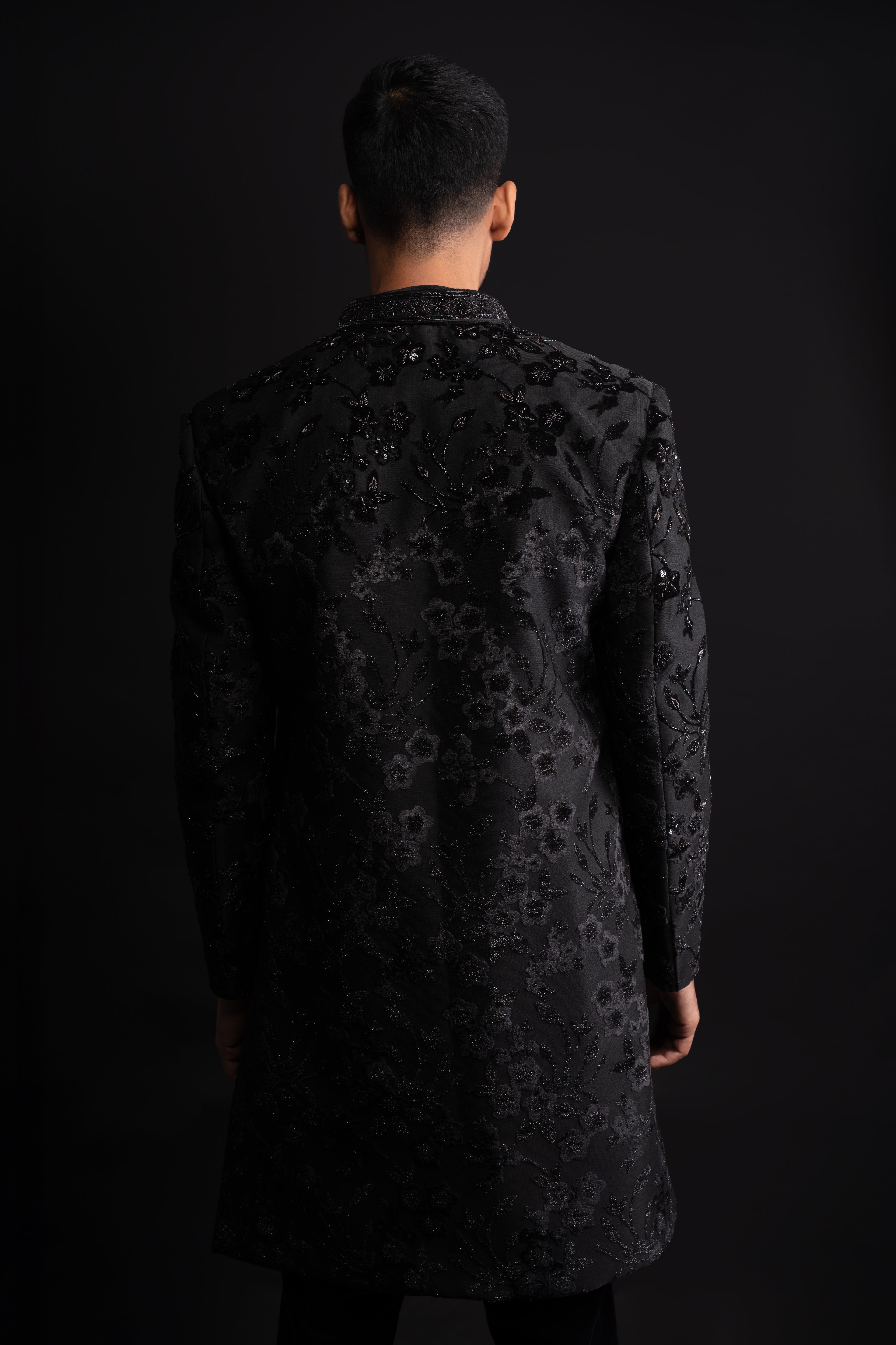 Black Velvet Thread & Stone Embroidered Indo Western for Men