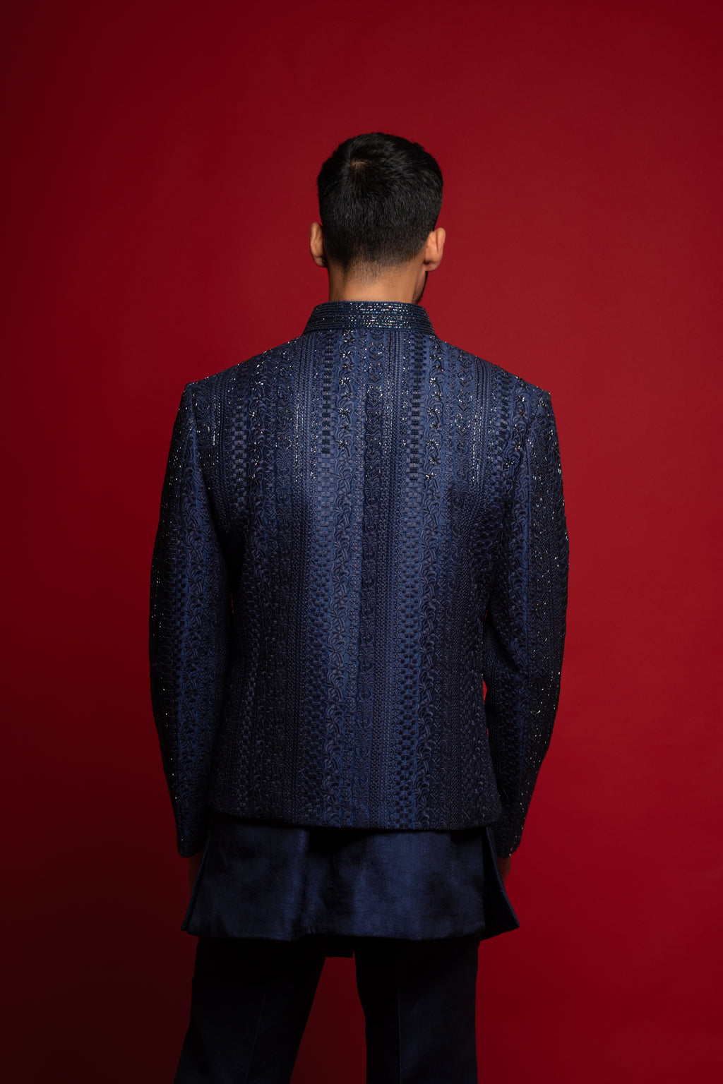 Blue Silk Embroidered Open Jacket Set