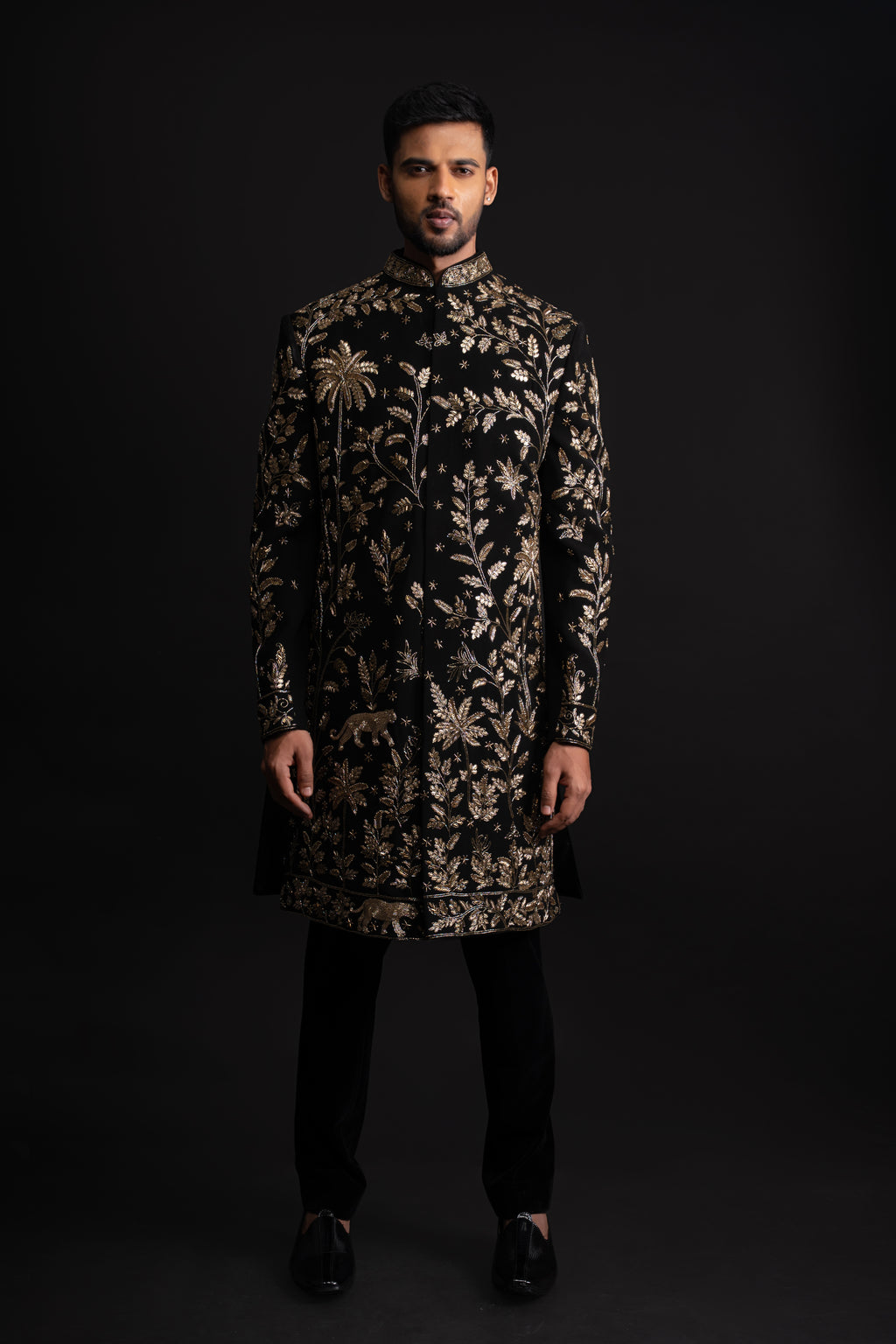 Black Polyester Zardosi Heavy Embroidered Sherwani