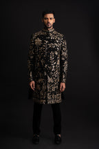 Black Polyester Zardosi Heavy Embroidered Sherwani