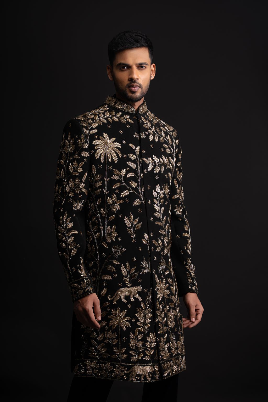 Black Polyester Zardosi Heavy Embroidered Sherwani