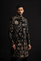 Black Polyester Zardosi Heavy Embroidered Sherwani
