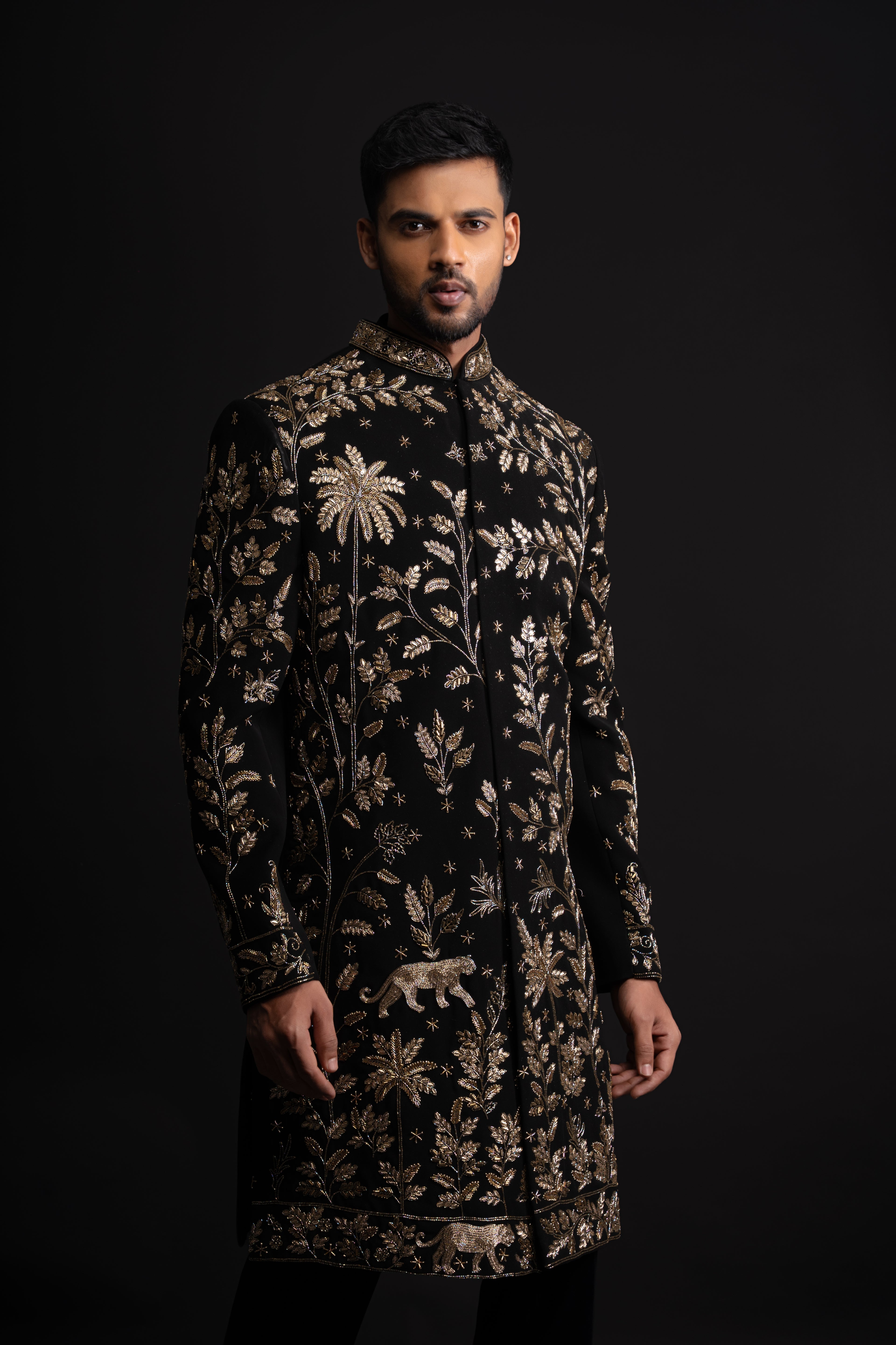 Black Polyester Zardosi Heavy Embroidered Sherwani