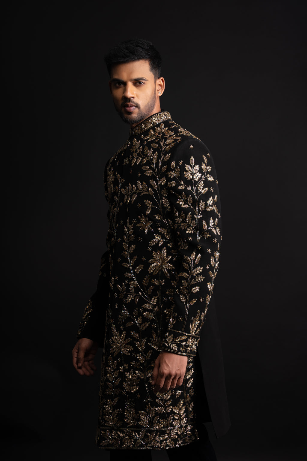 Black Polyester Zardosi Heavy Embroidered Sherwani