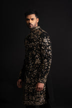 Black Polyester Zardosi Heavy Embroidered Sherwani
