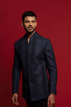 Blue Silk Cutdana Embroidered Closed Jacket Indo Western Set