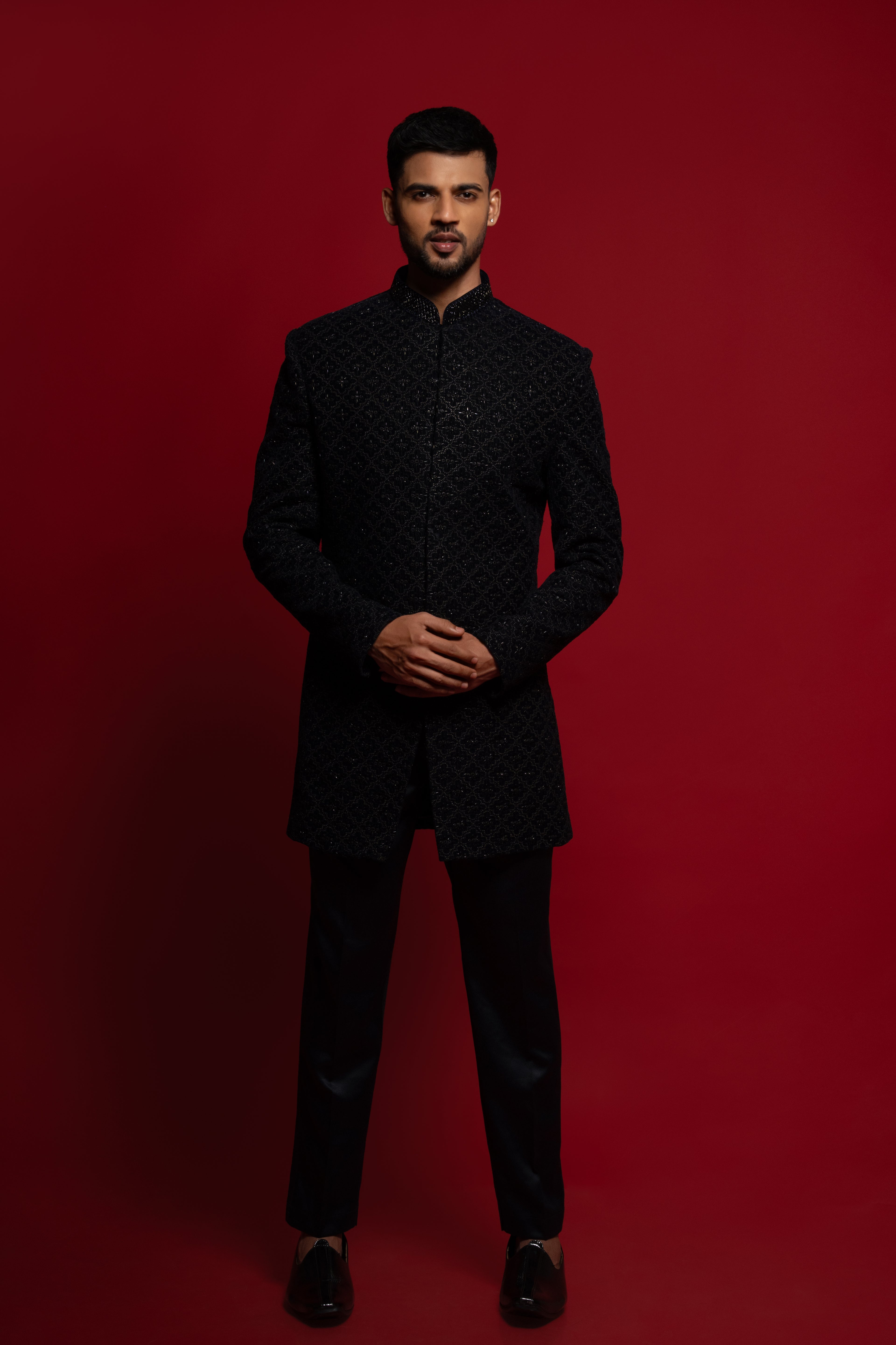 Black Mens Velvet Indowestern Embroidery Work