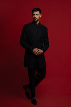 Black Mens Velvet Indowestern Embroidery Work