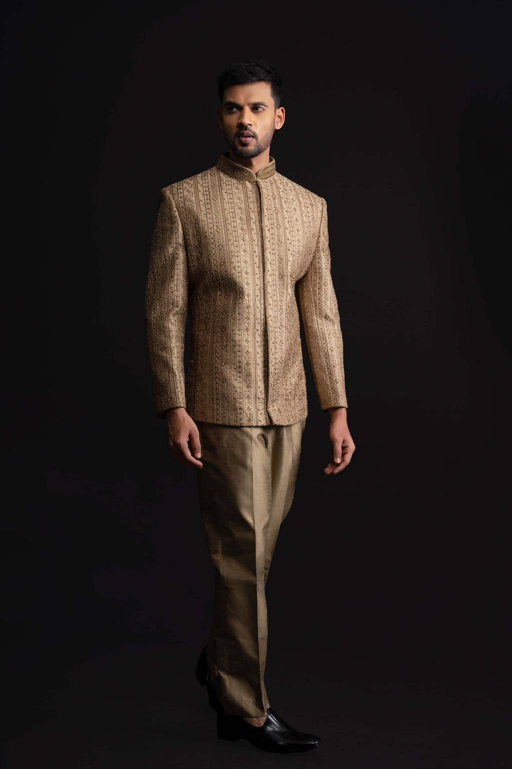 Olive Brown Silk Indo Western For Men With Heavy Embroidery