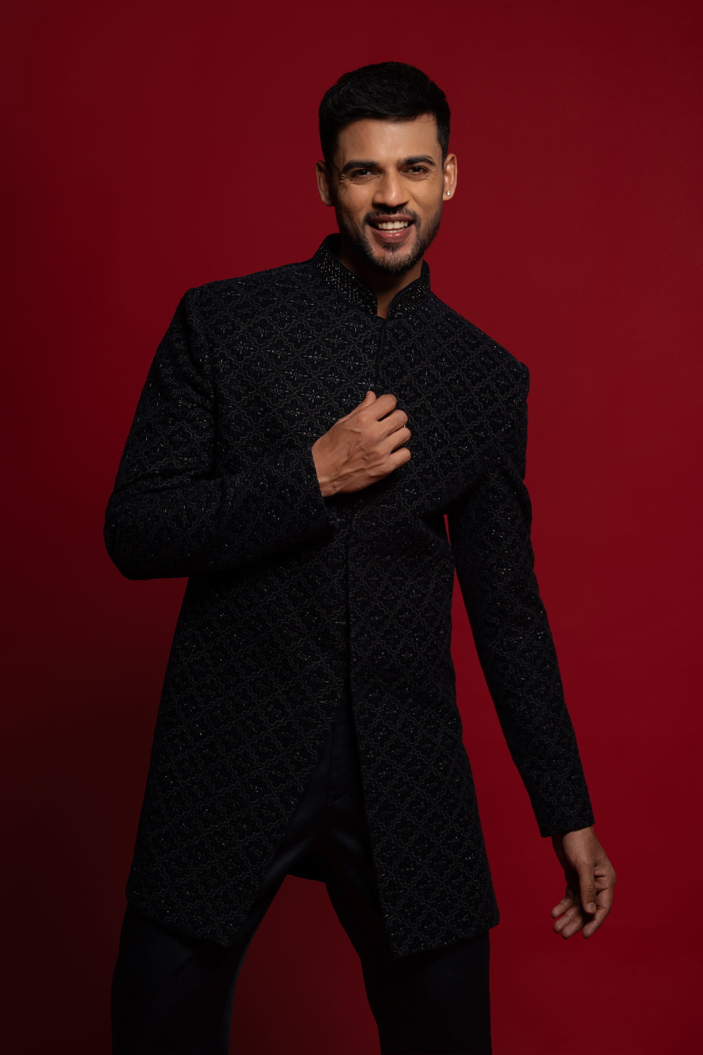 Black Mens Velvet Indowestern Embroidery Work