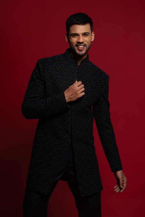 Black Mens Velvet Indowestern Embroidery Work