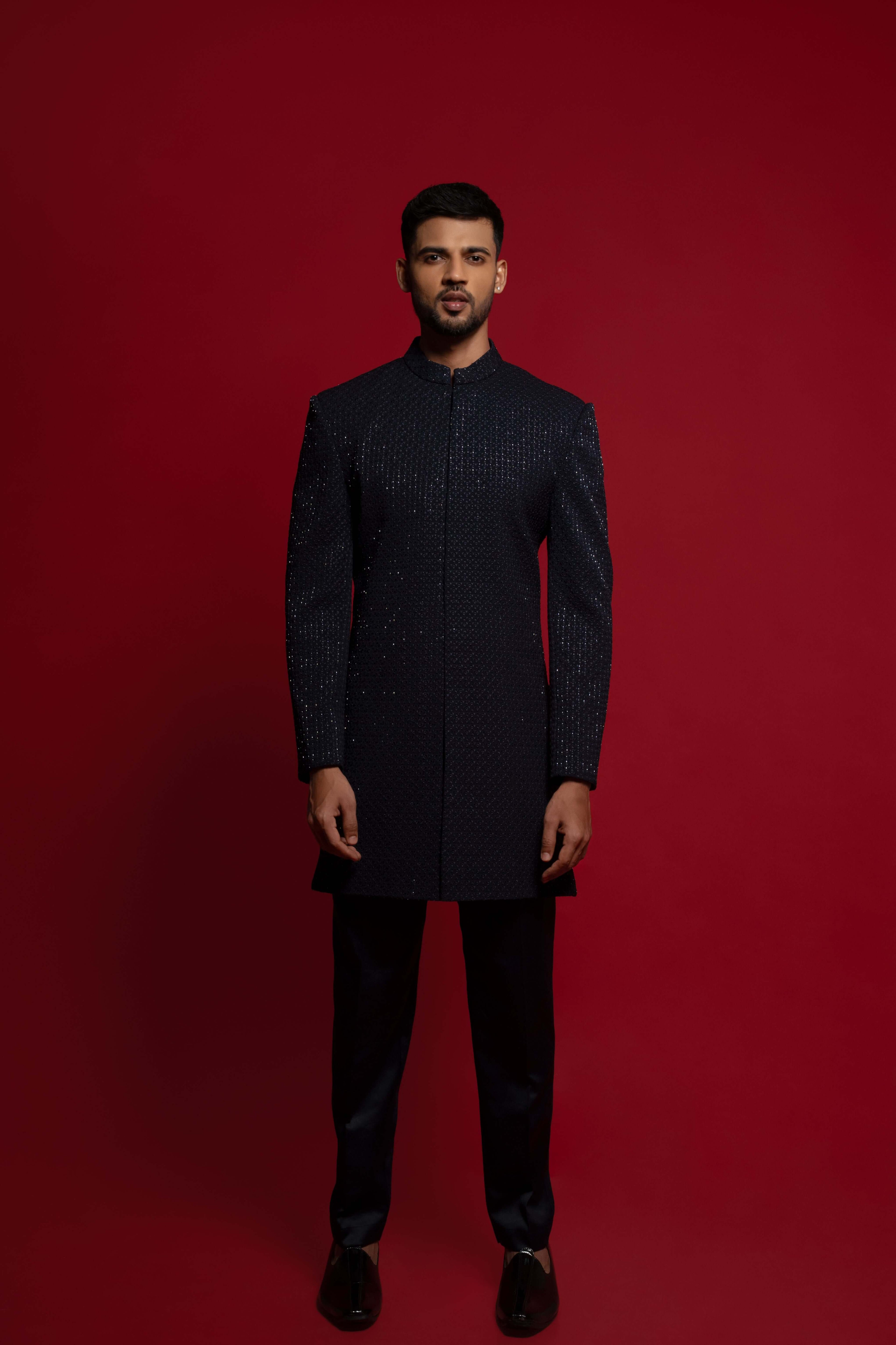 Dark Blue polyester Embroidered Indowestern Set