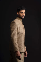 Olive Brown Silk Indo Western For Men With Heavy Embroidery
