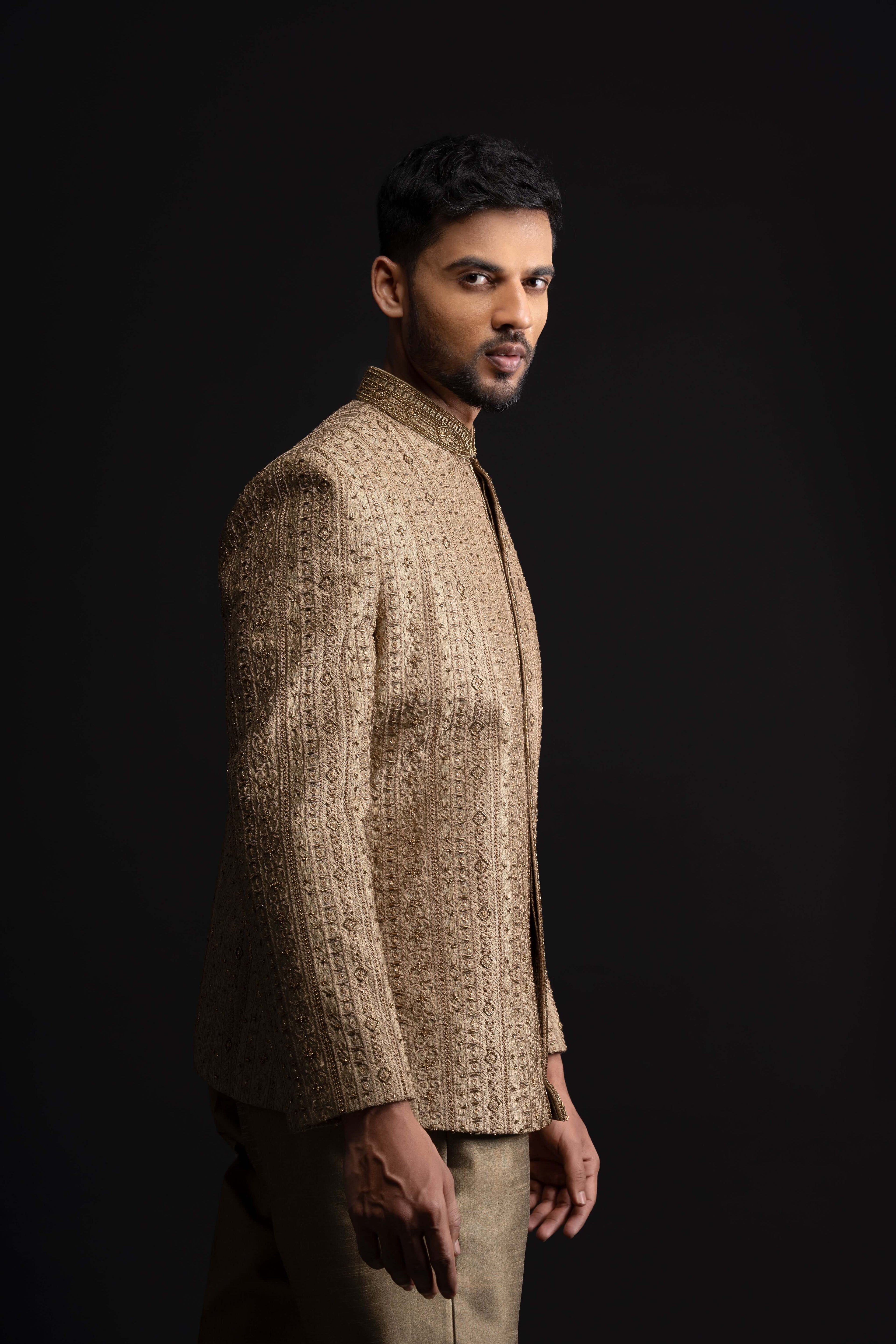Olive Brown Silk Indo Western For Men With Heavy Embroidery
