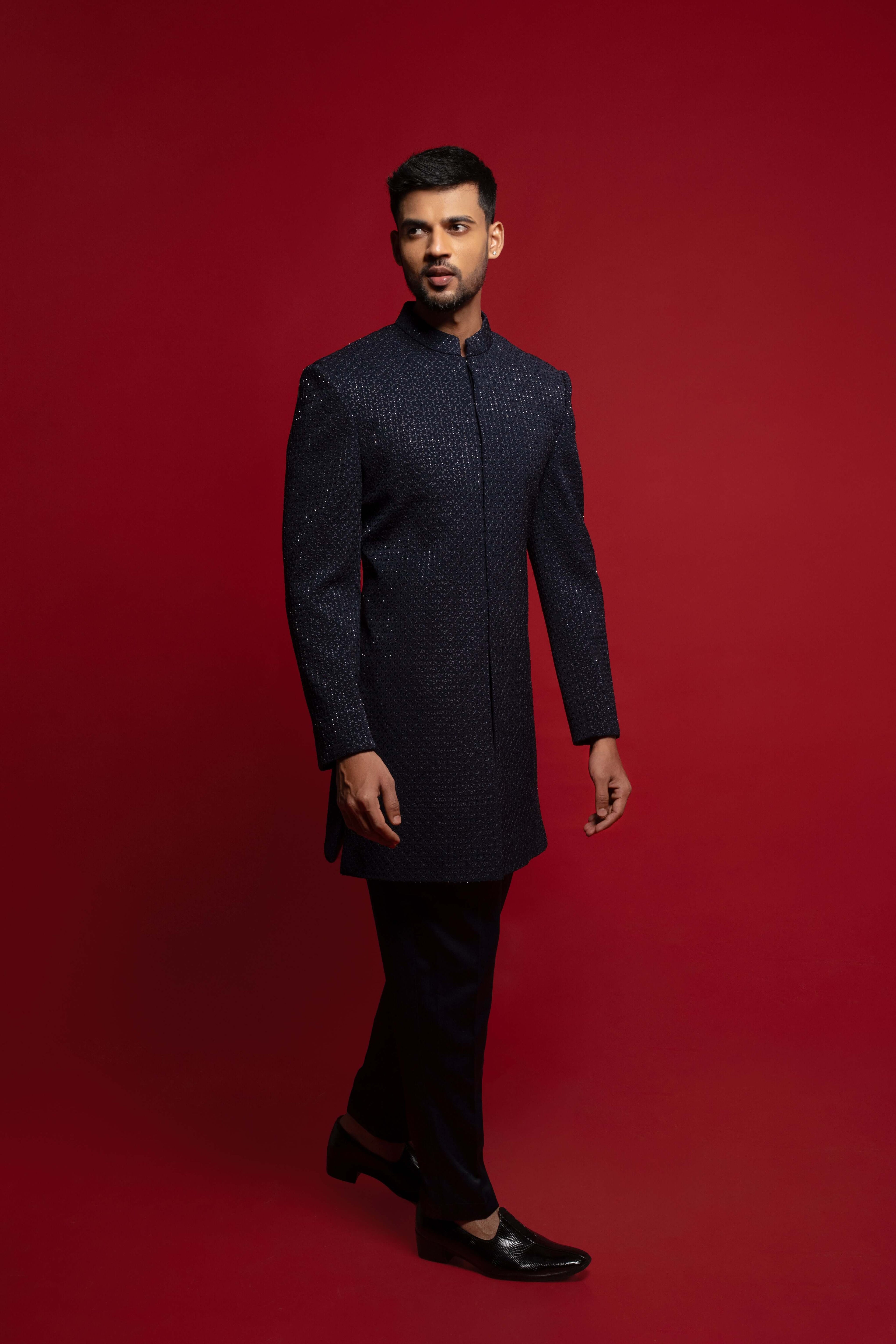 Dark Blue polyester Embroidered Indowestern Set