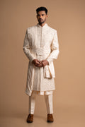 Royal Cream Silk Thread & Stone Embroidered Sherwani For Groom