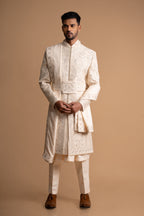 Royal Cream Silk Thread & Stone Embroidered Sherwani For Groom