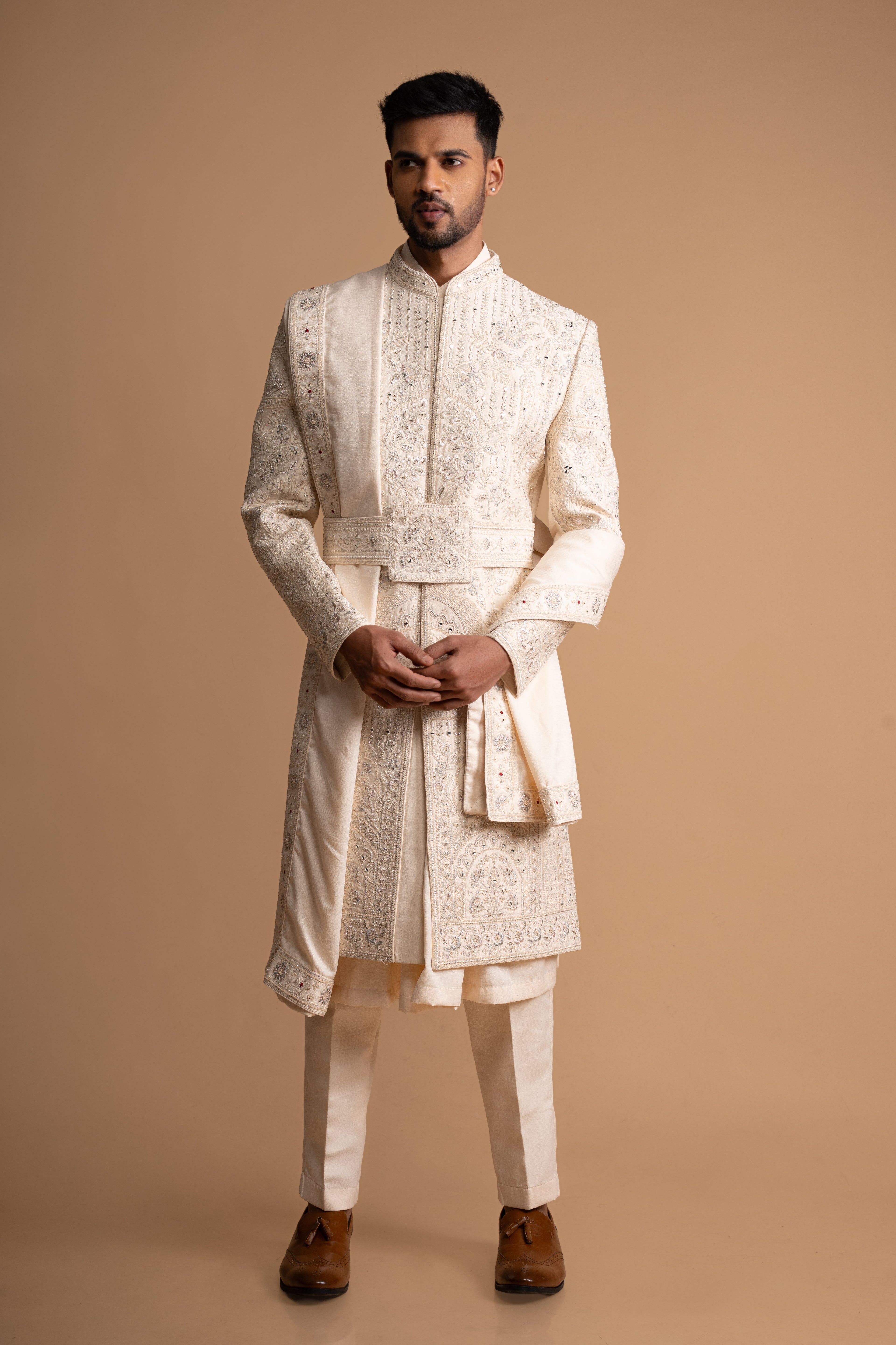 Royal Cream Silk Thread & Stone Embroidered Sherwani For Groom
