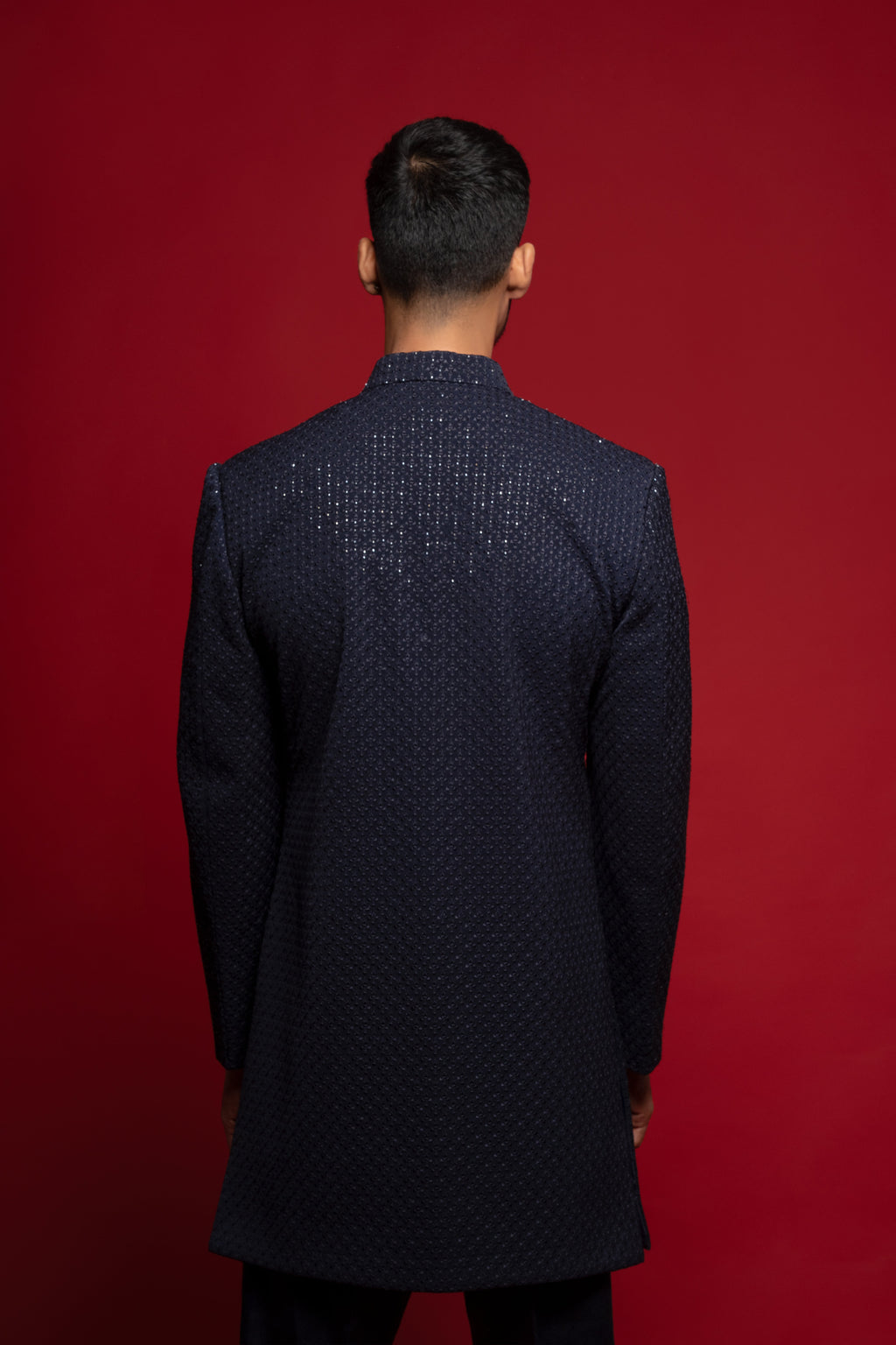Dark Blue polyester Embroidered Indowestern Set