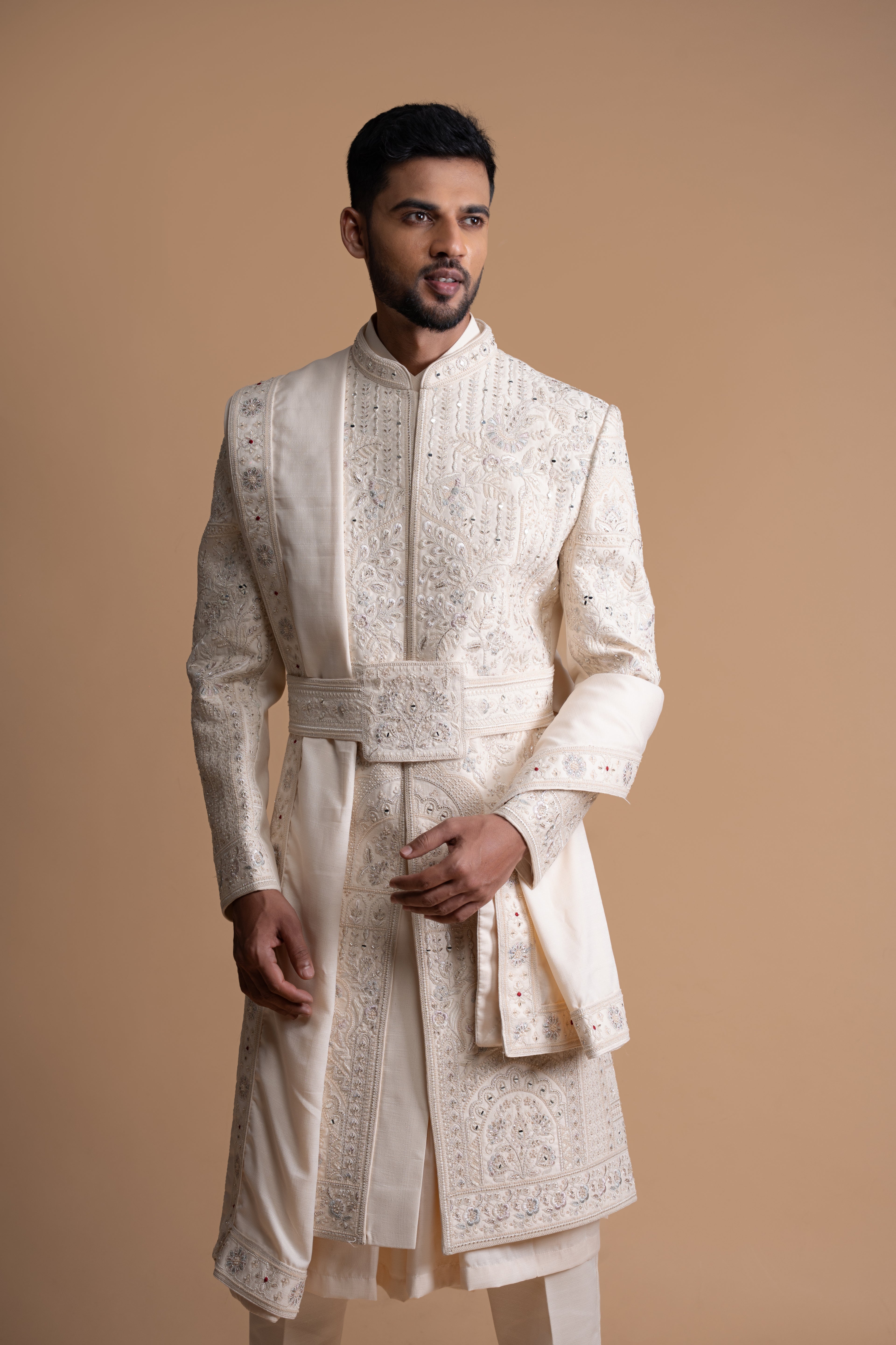Royal Cream Silk Thread & Stone Embroidered Sherwani For Groom