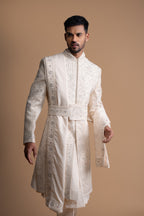 Royal Cream Silk Thread & Stone Embroidered Sherwani For Groom
