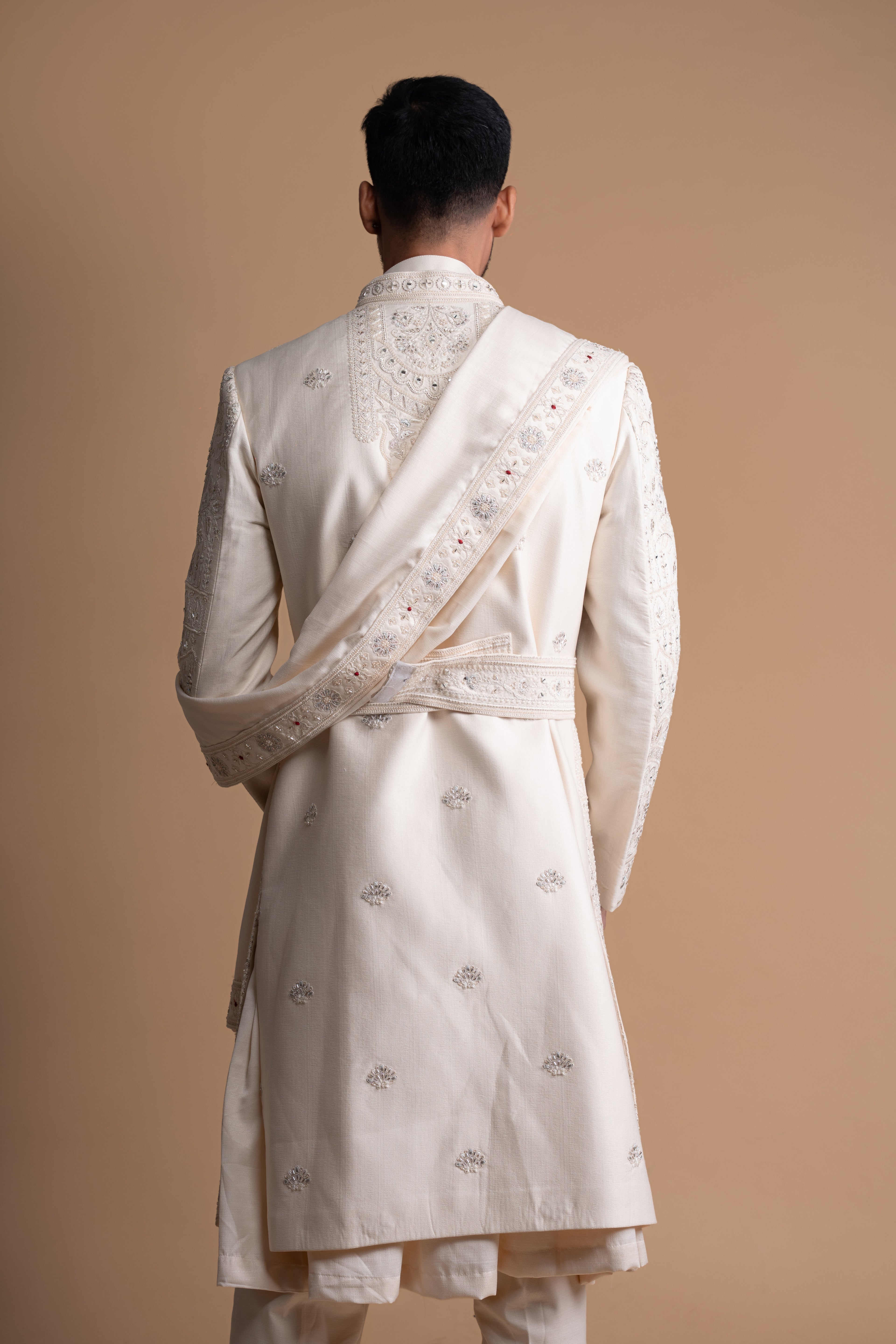 Royal Cream Silk Thread & Stone Embroidered Sherwani For Groom