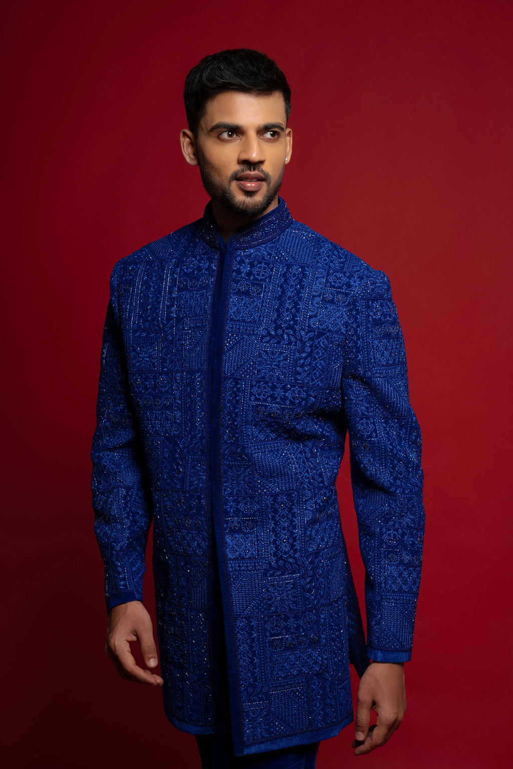 Royal Blue Velvet Open Indo Jacket Set With Embroidery