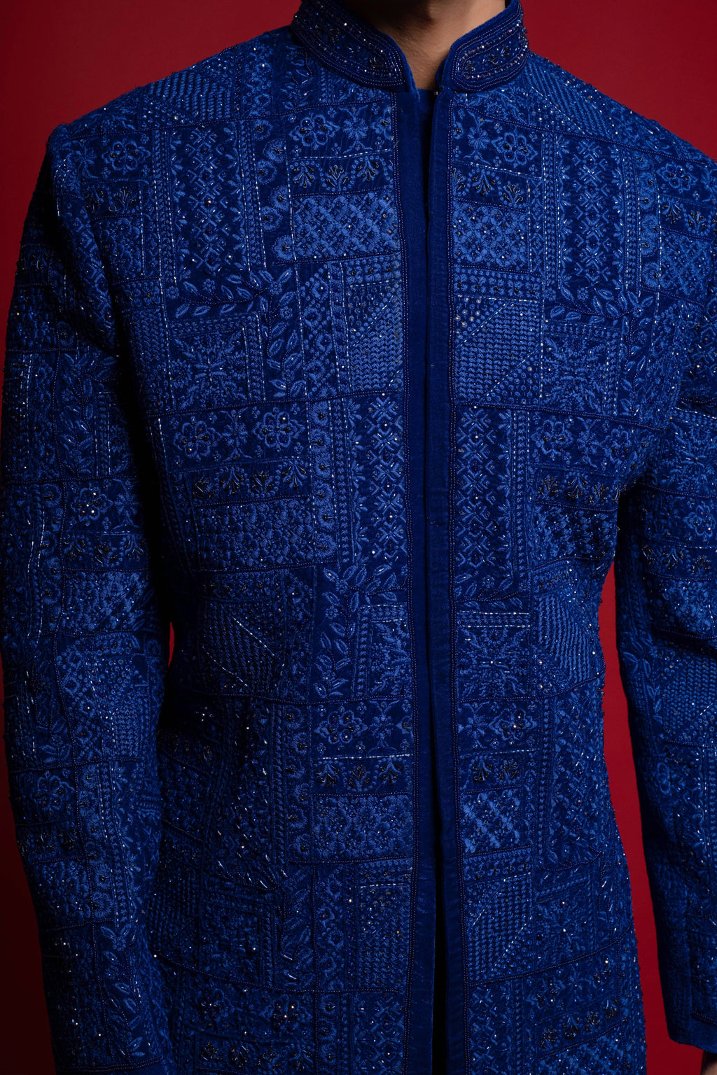 Royal Blue Velvet Open Indo Jacket Set With Embroidery