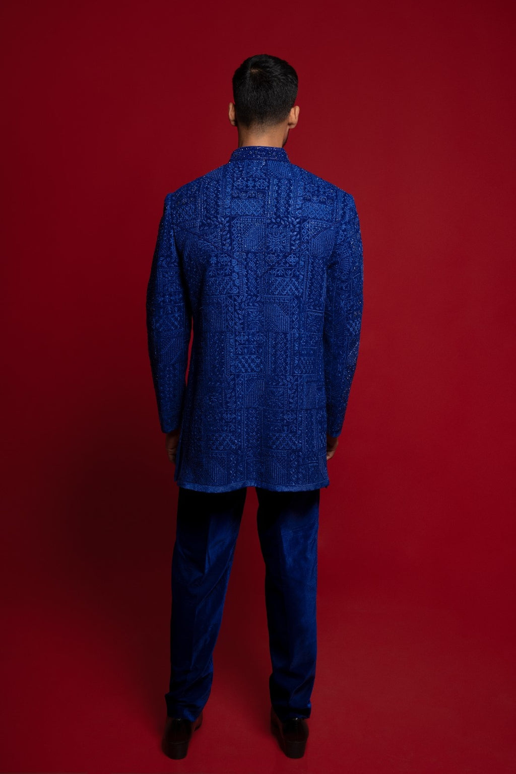Royal Blue Velvet Open Indo Jacket Set With Embroidery