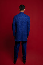 Royal Blue Velvet Open Indo Jacket Set With Embroidery