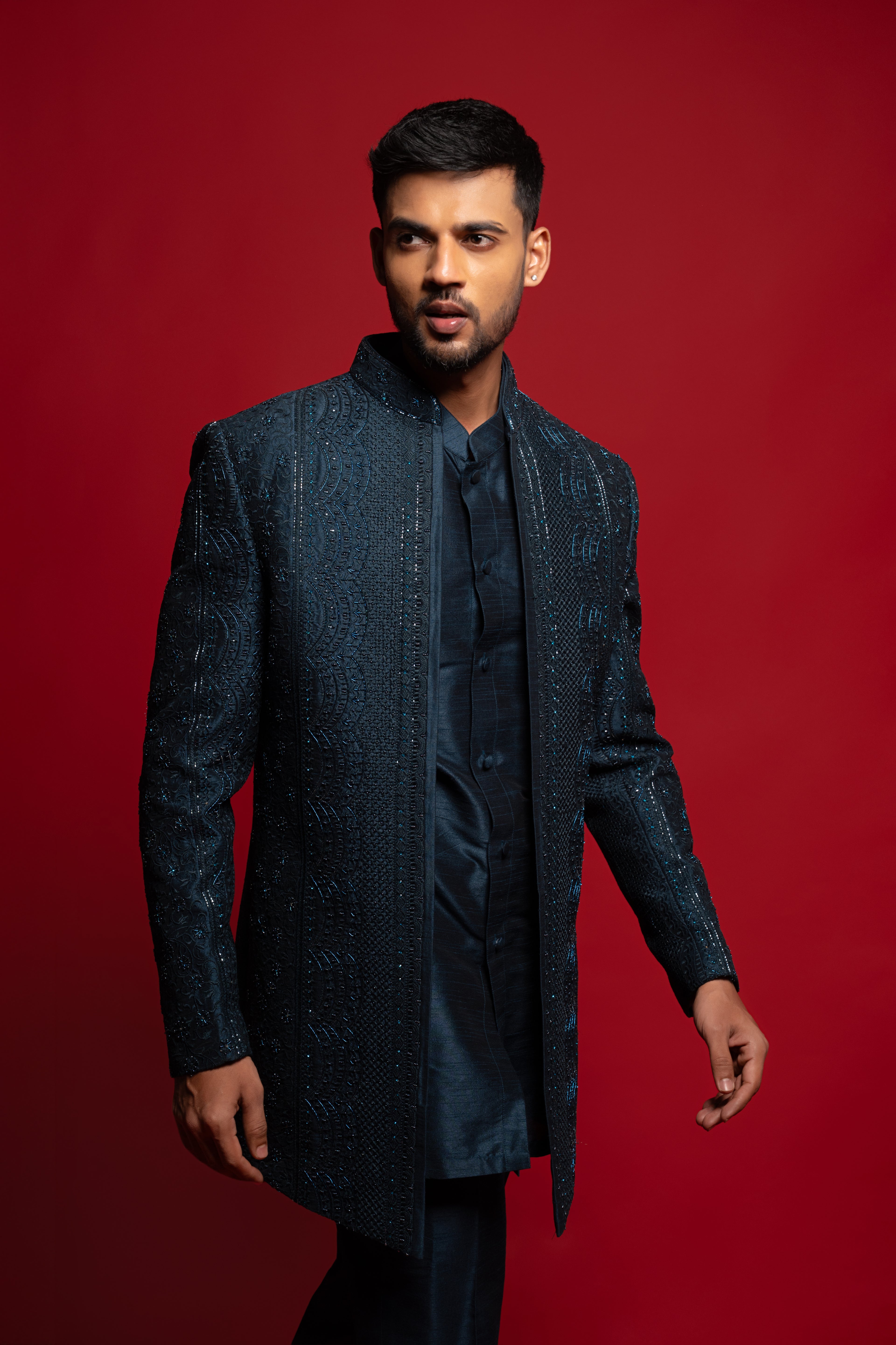 Teal Green Silk Thread & Stone Indo Western Set