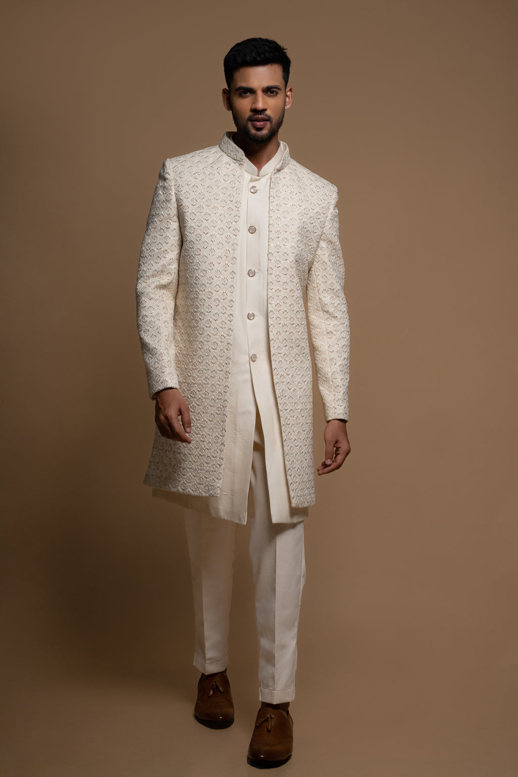 Off White Silk Embroidered Indowestern Sherwani set