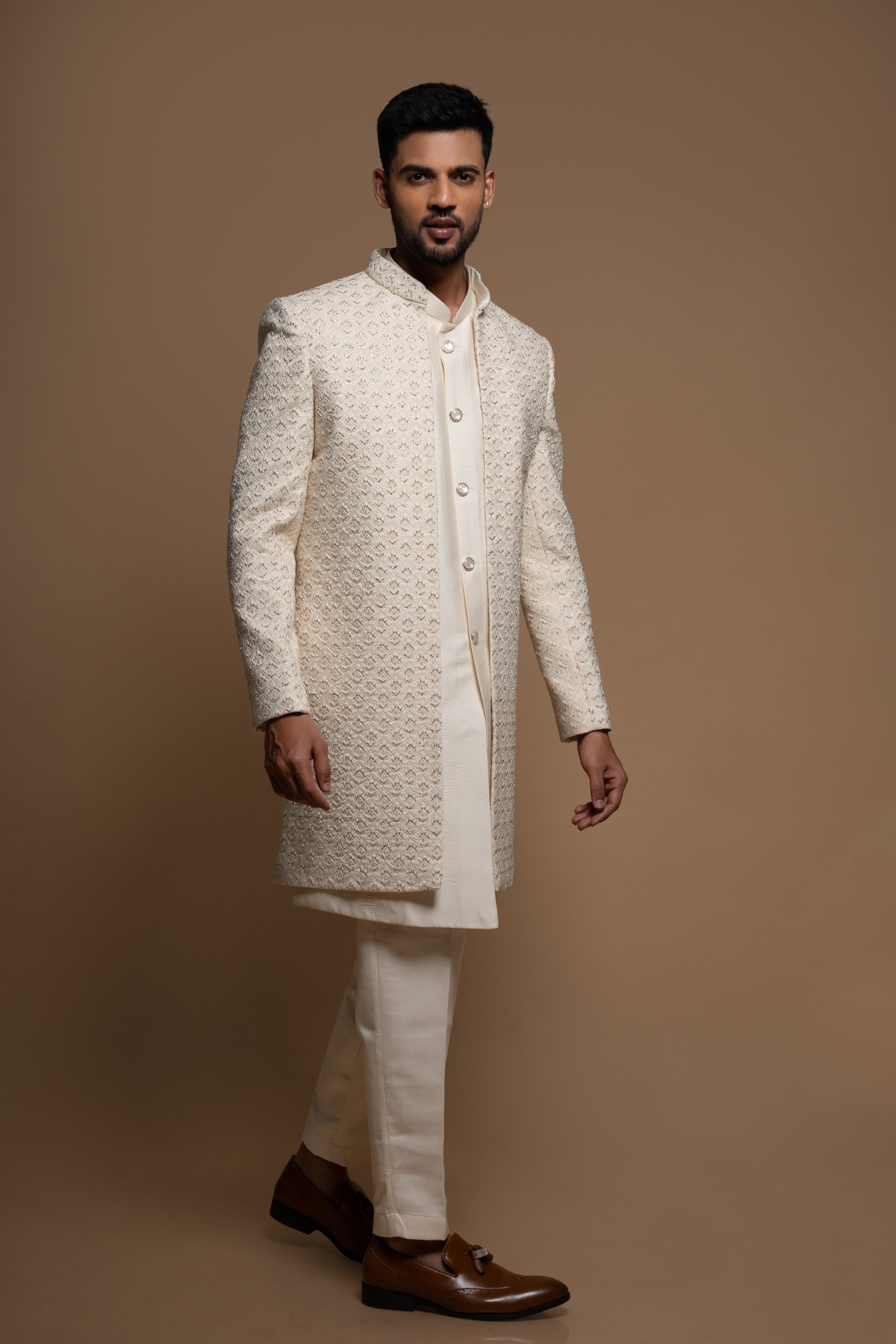 Off White Silk Embroidered Indowestern Sherwani set