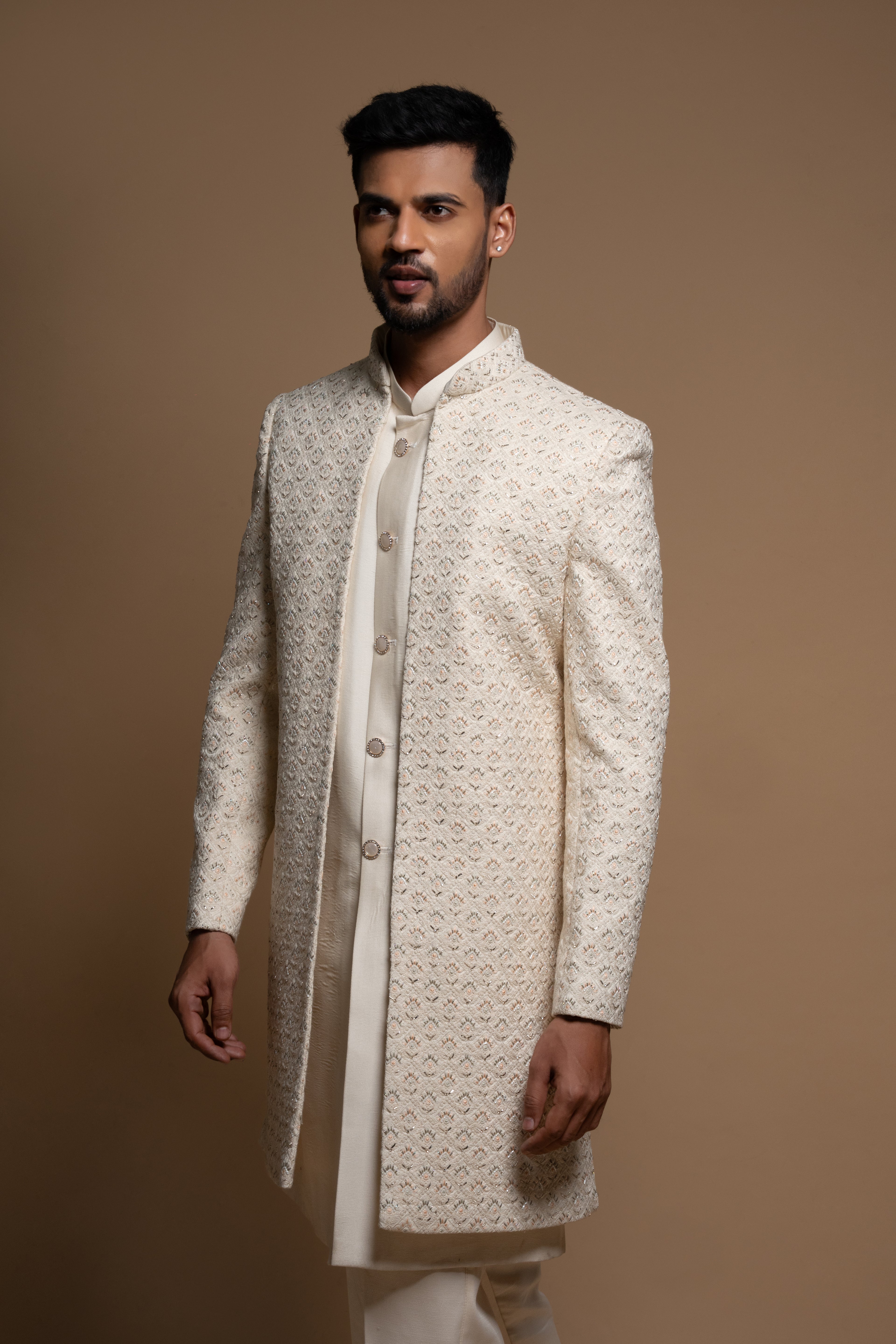 Off White Silk Embroidered Indowestern Sherwani set
