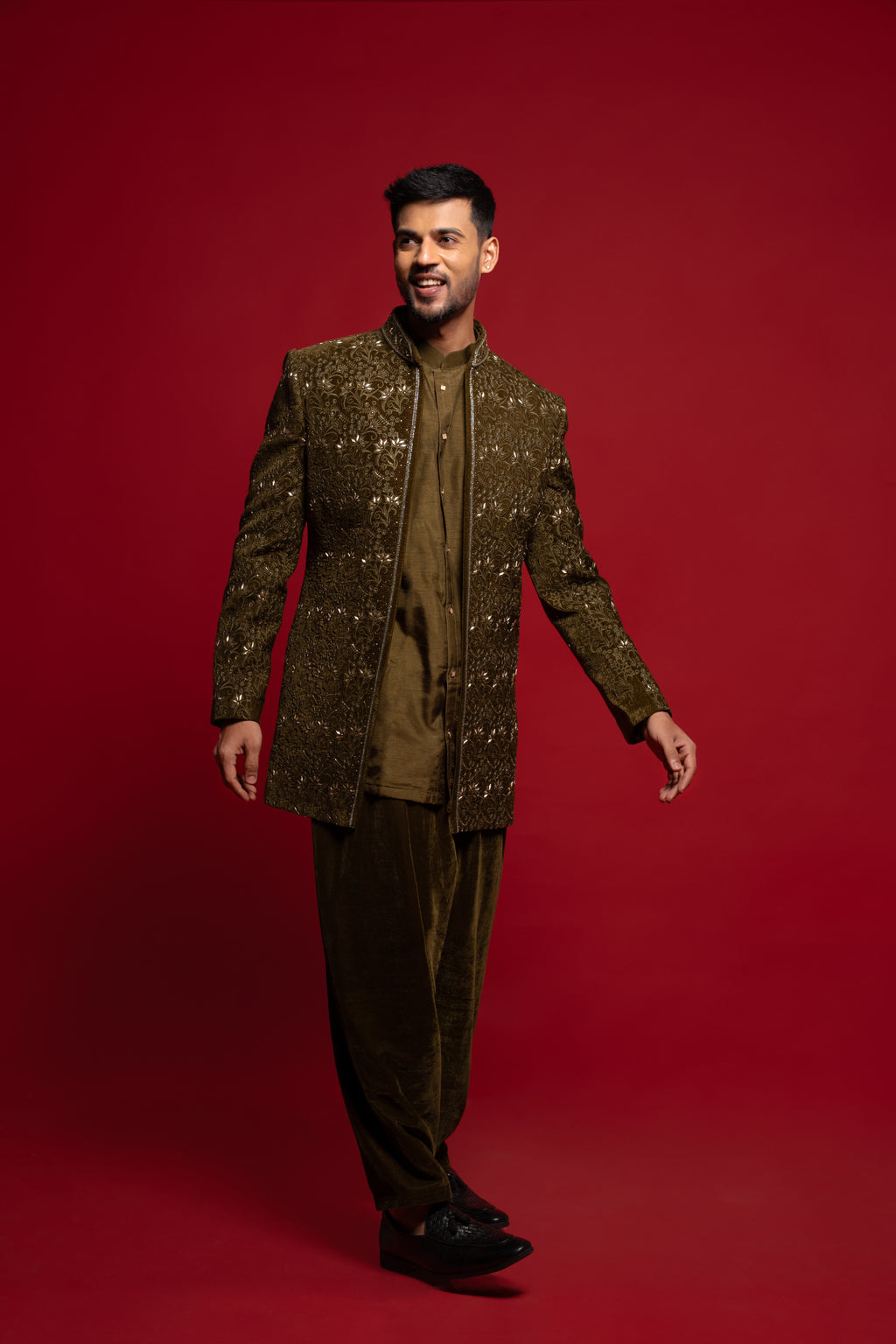 Seaweed Velvet Embroidered Indowestern Set